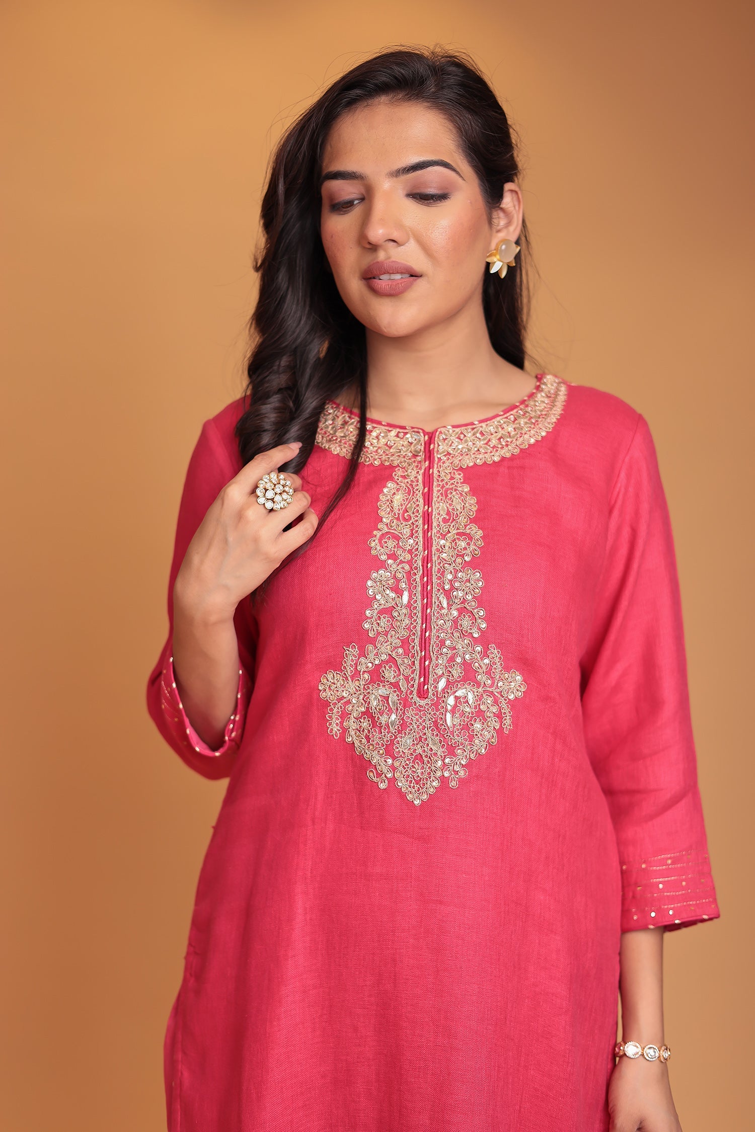 Linen Suit Stitched with Dori and Gota Patti work