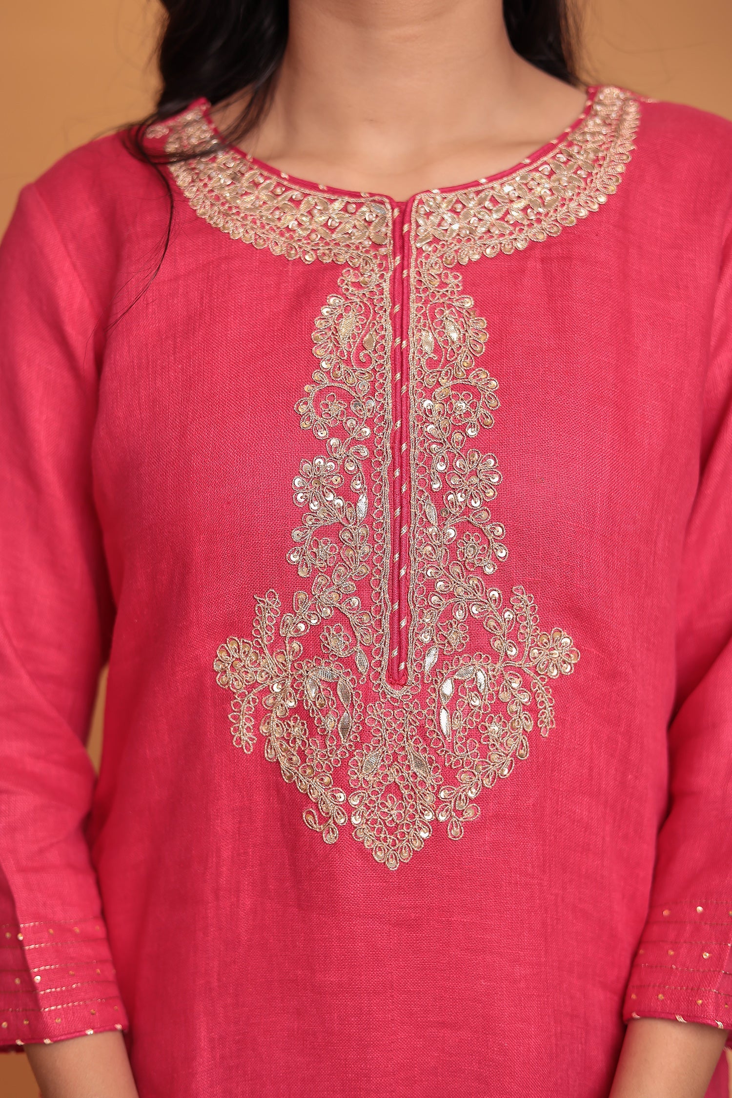 Linen Suit Stitched with Dori and Gota Patti work