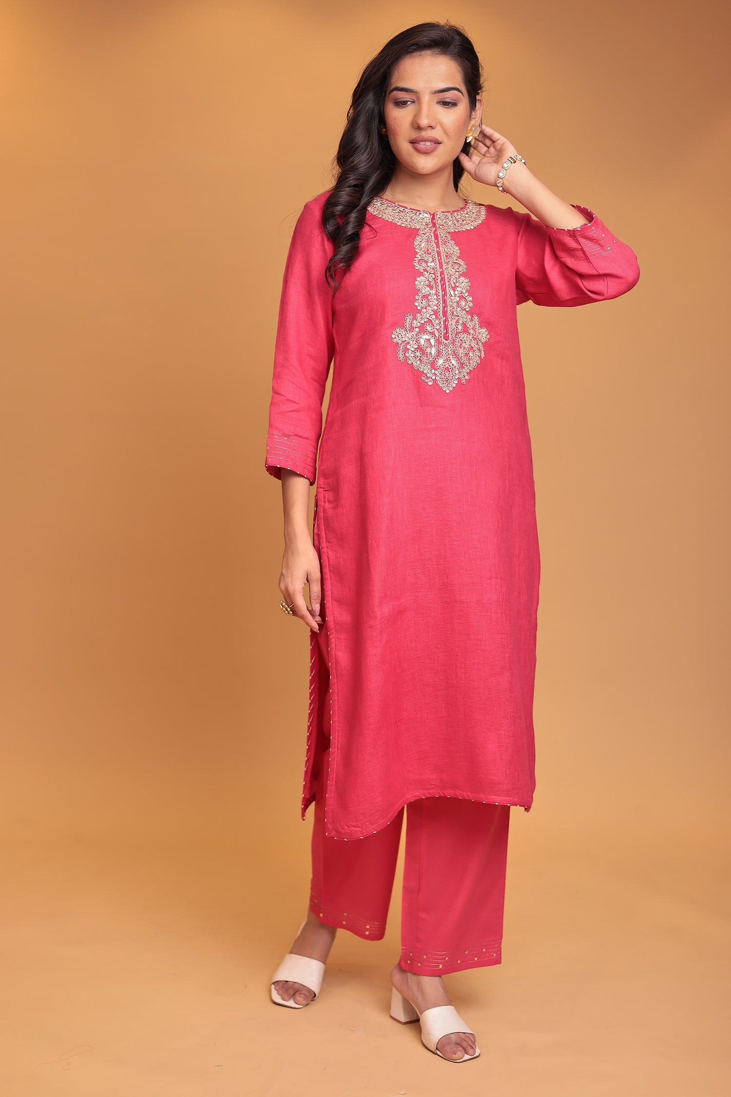 Linen Suit Stitched with Dori and Gota Patti work