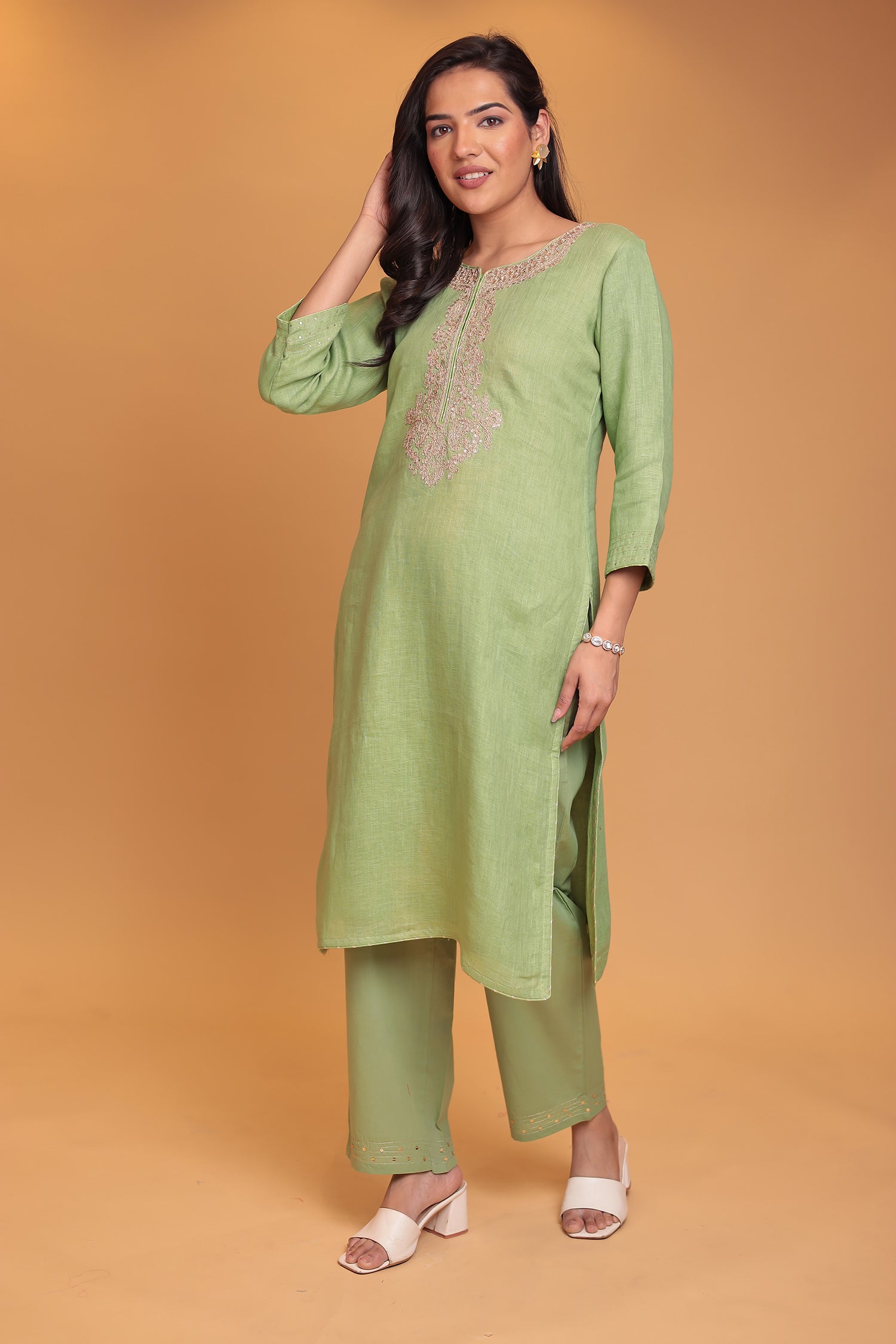 Linen Suit Stitched with Dori and Gota Patti work