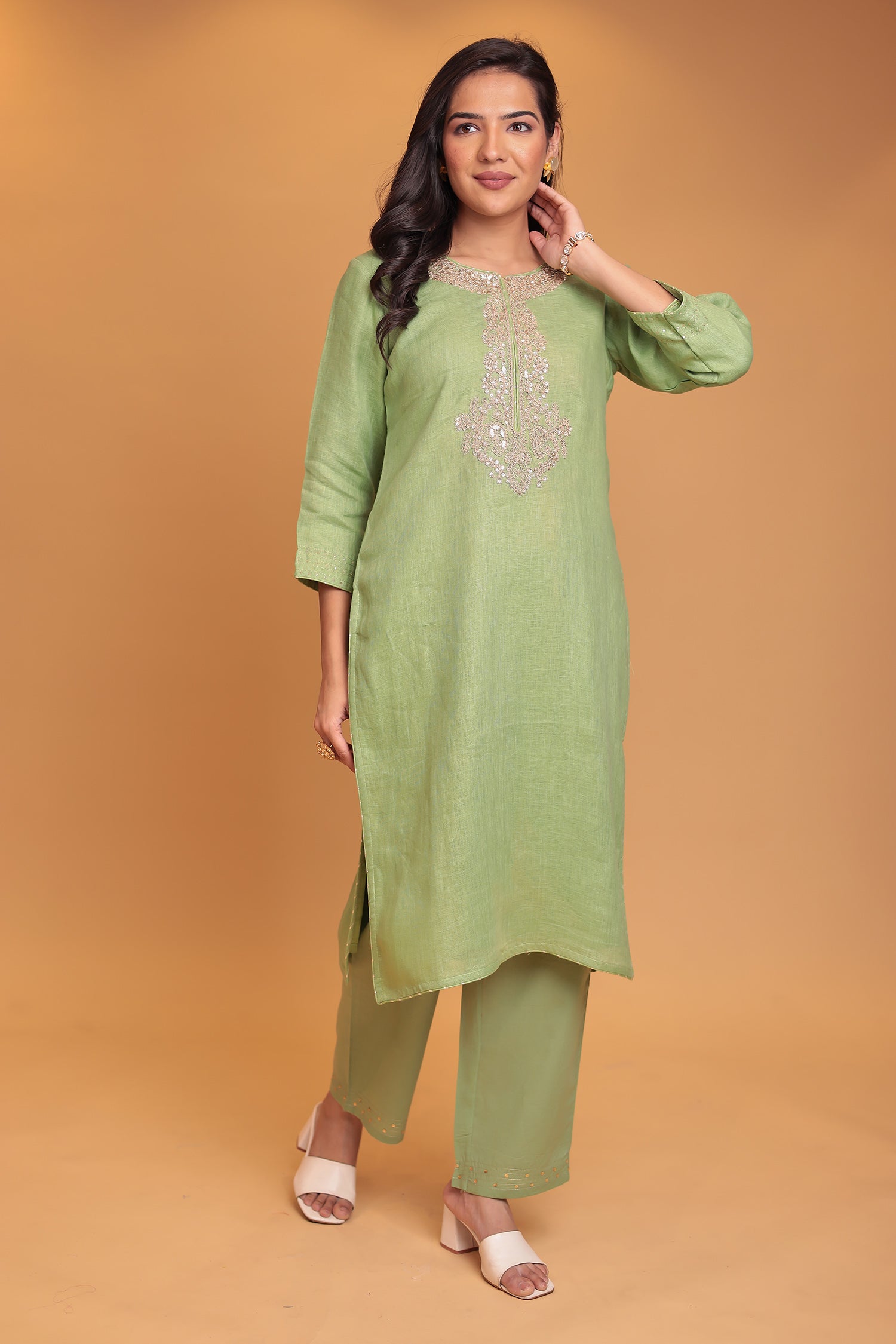 Linen Suit Stitched with Dori and Gota Patti work