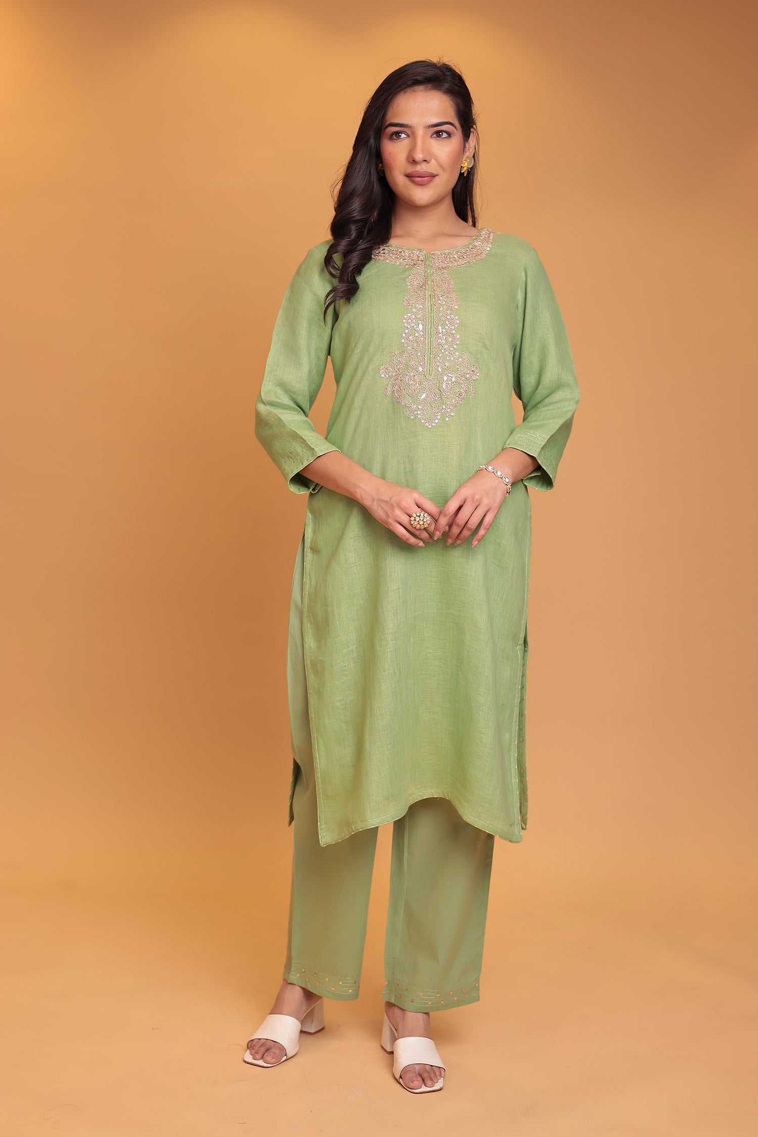 Linen Suit Stitched with Dori and Gota Patti work