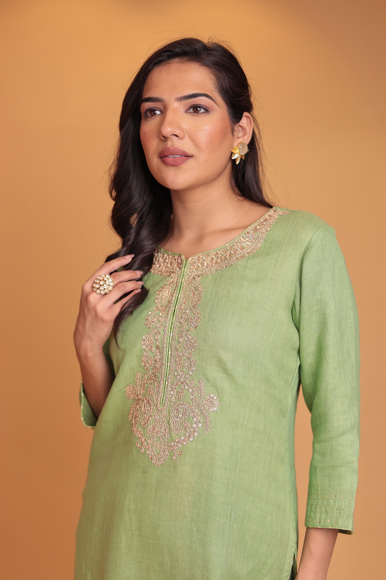 Linen Suit Stitched with Dori and Gota Patti work