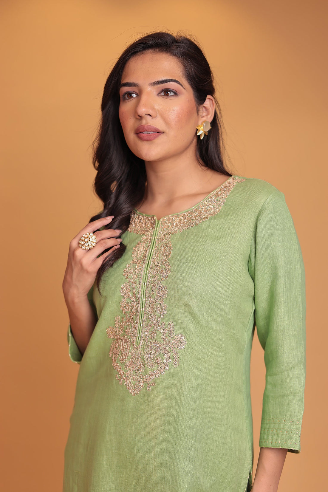 Linen Suit Stitched with Dori and Gota Patti work