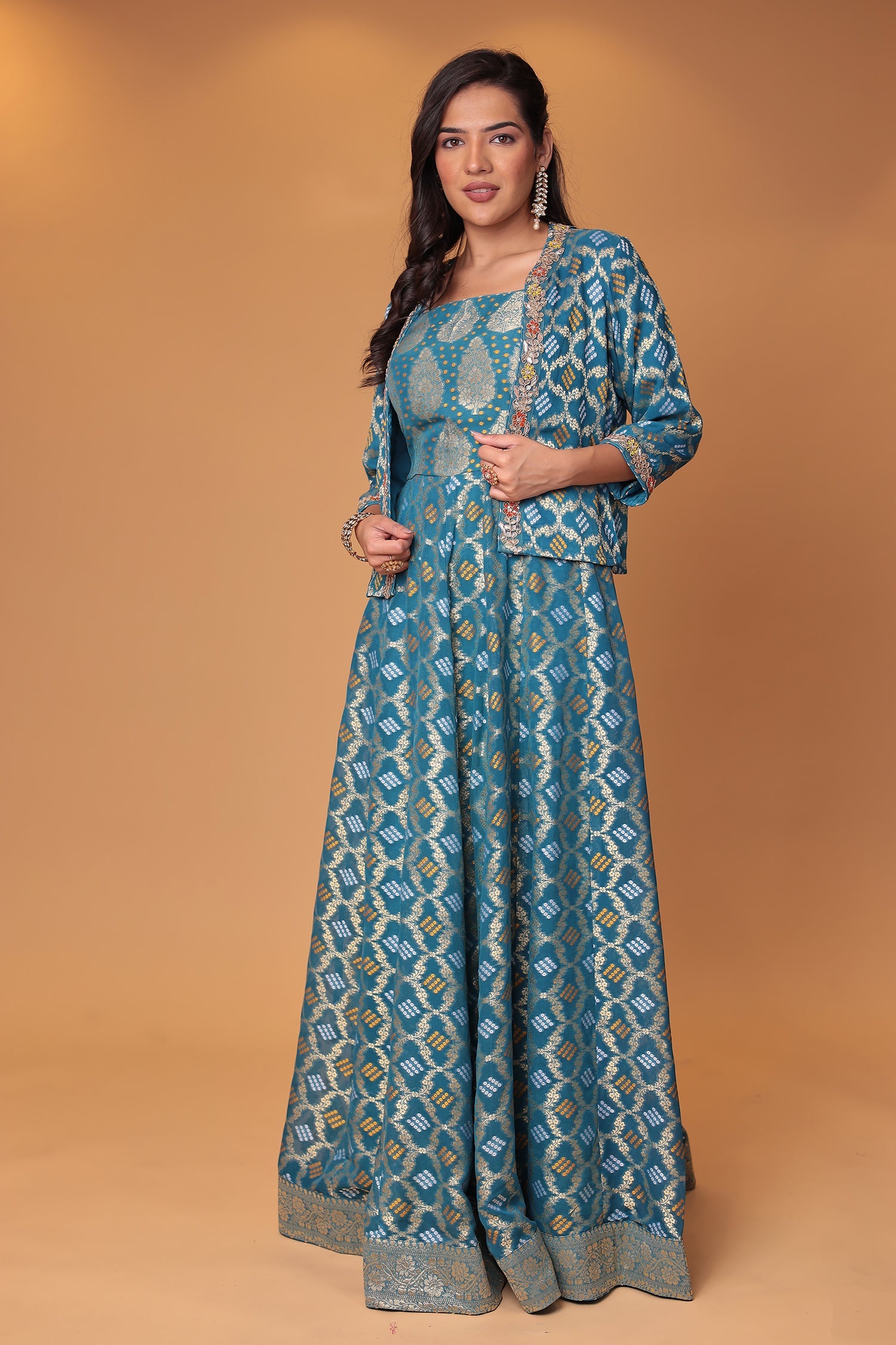 Ghatchola Jacket Style Floor Length Georgette Suit with Gota Patti and Zardozi work