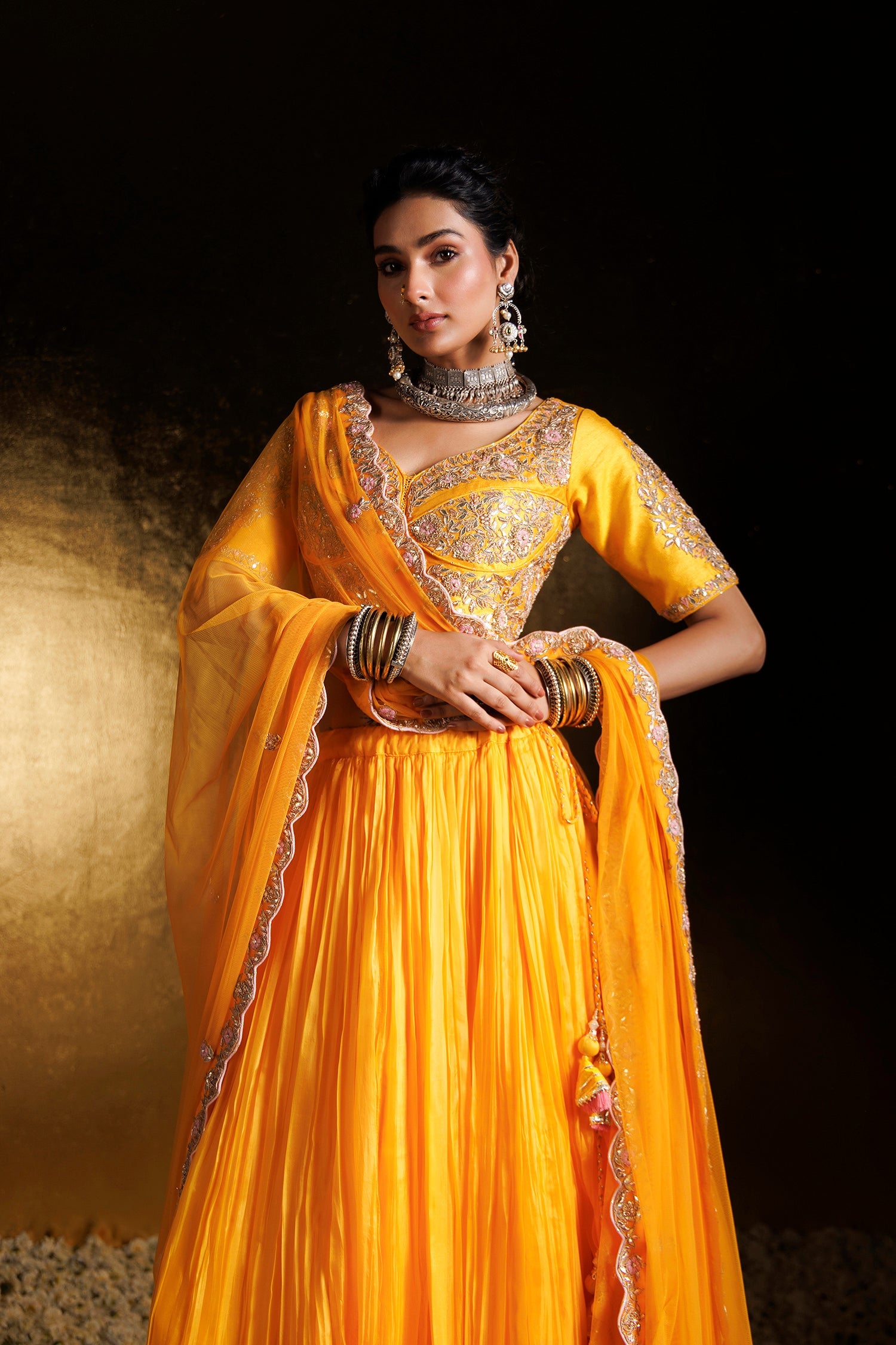 Silk Lehenga with Gota Patti, Pearl and Zardozi work