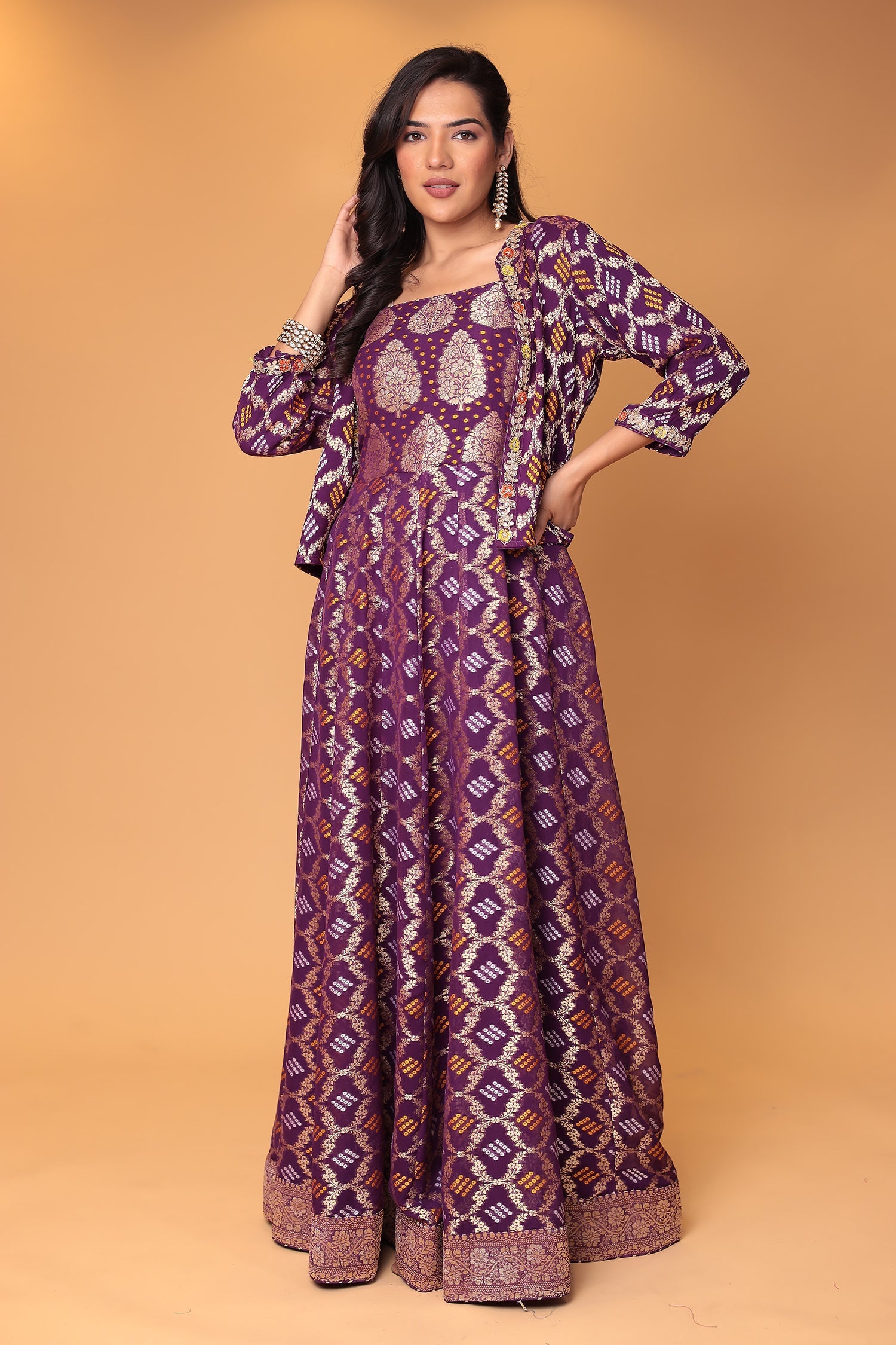 Ghatchola Jacket Style Floor Length Georgette Suit with Gota Patti and Zardozi work