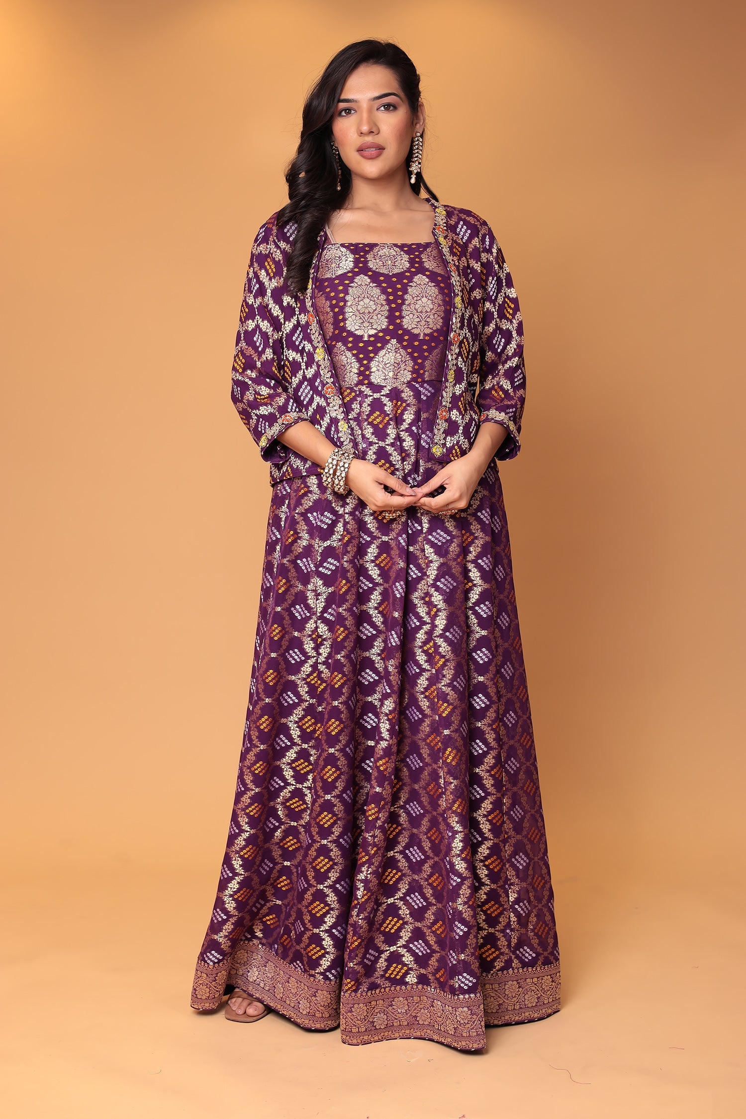 Ghatchola Jacket Style Floor Length Georgette Suit with Gota Patti and Zardozi work