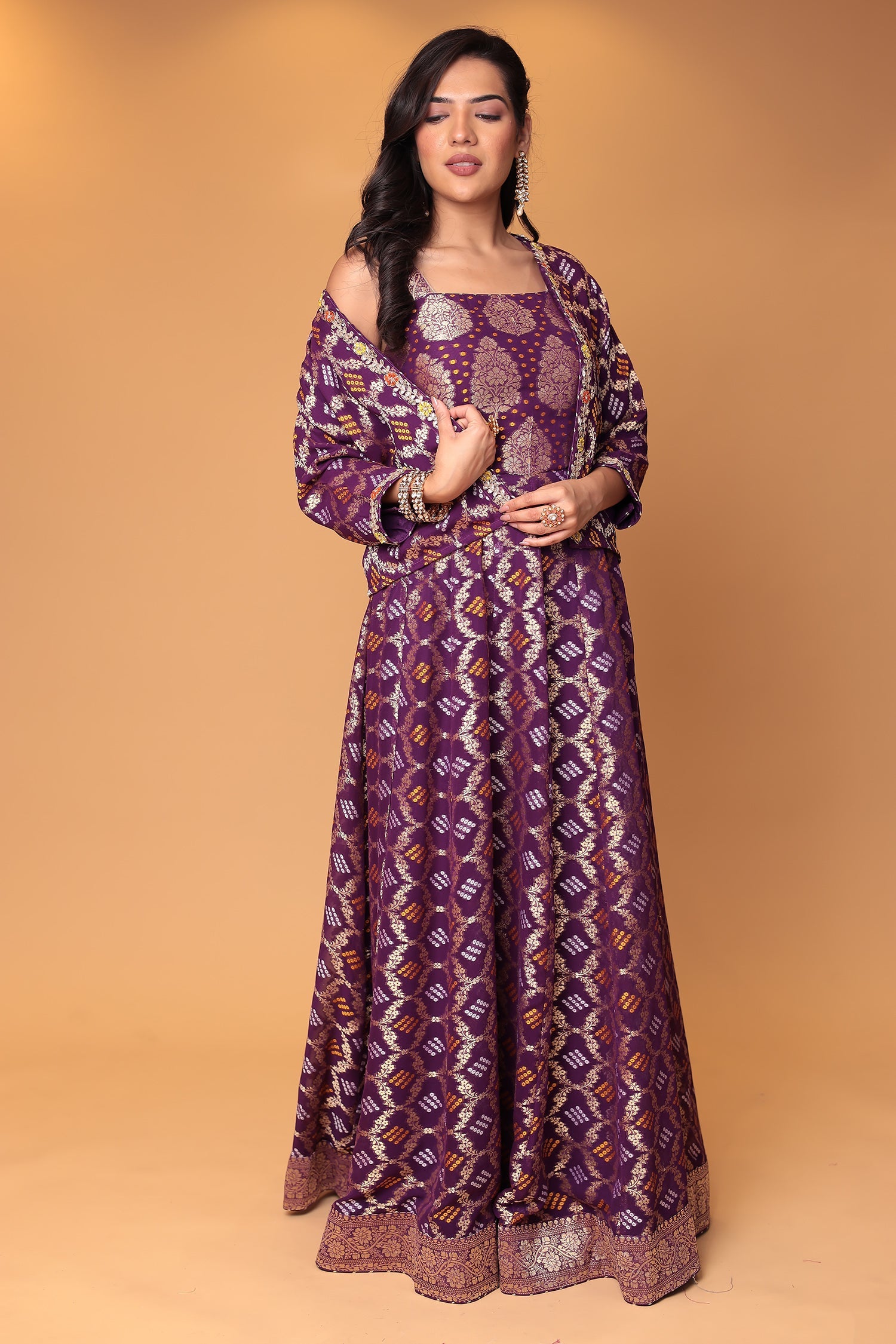Ghatchola Jacket Style Floor Length Georgette Suit with Gota Patti and Zardozi work