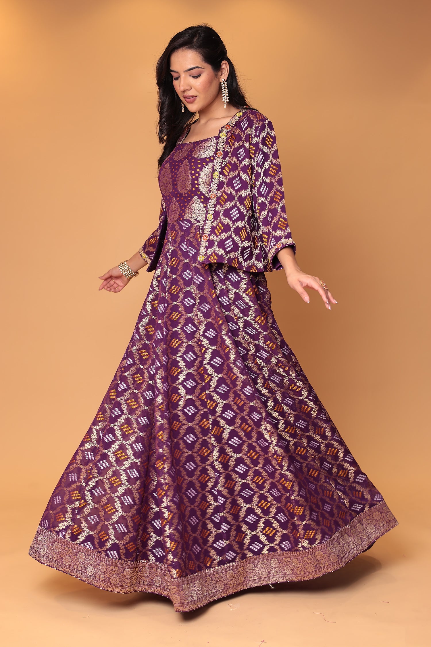 Ghatchola Jacket Style Floor Length Georgette Suit with Gota Patti and Zardozi work