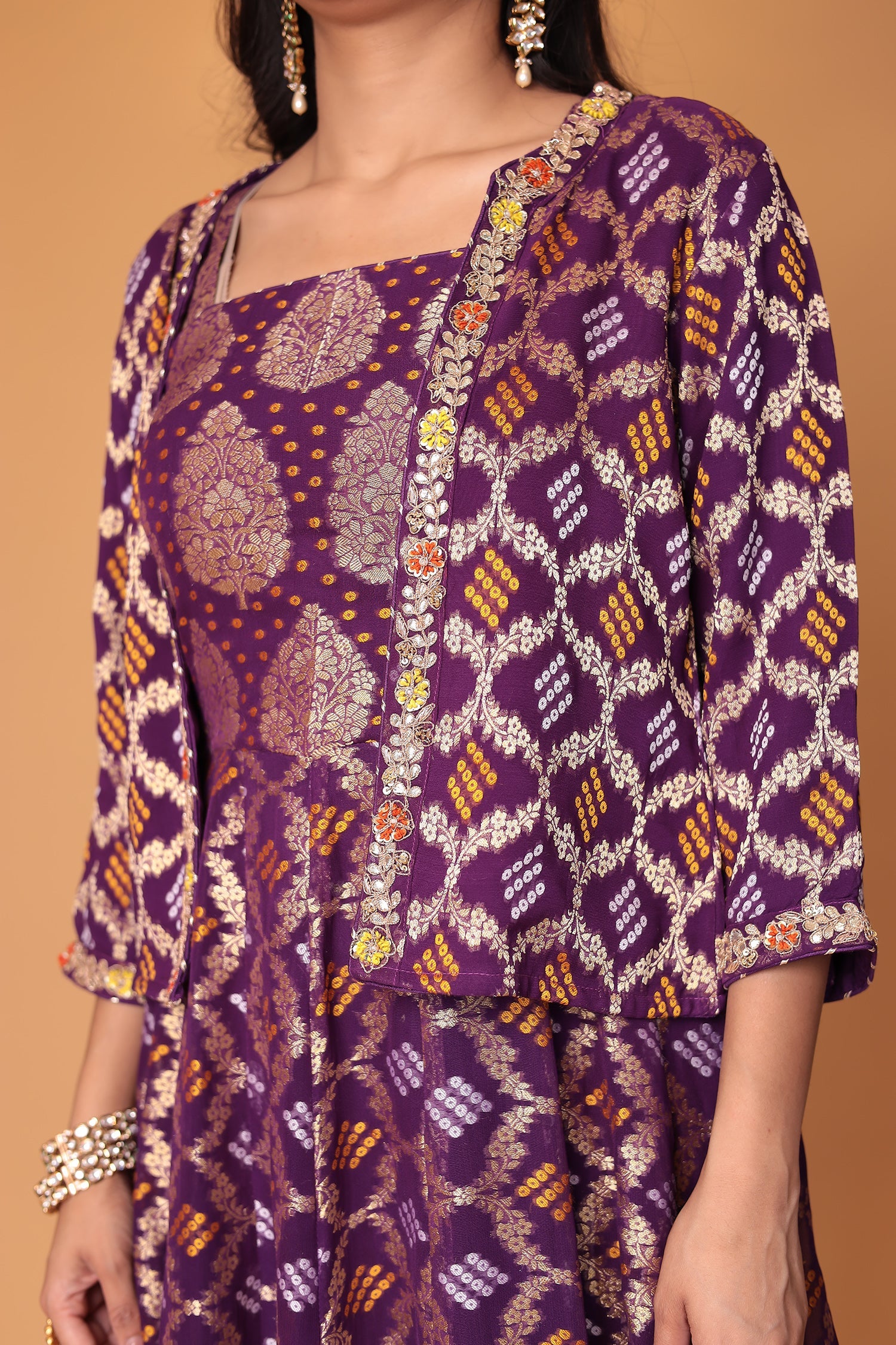 Ghatchola Jacket Style Floor Length Georgette Suit with Gota Patti and Zardozi work