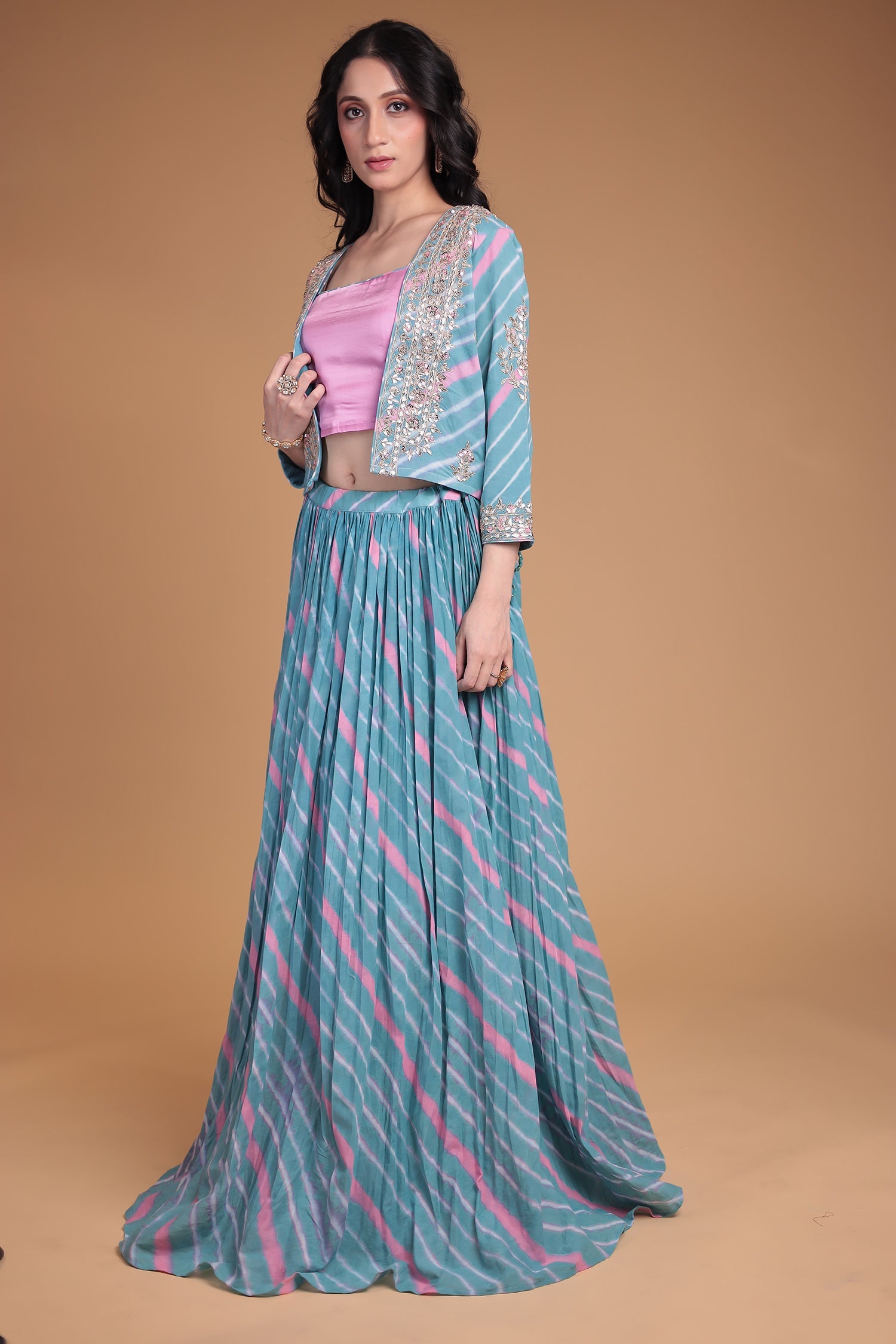 Leheriya Silk Indo Western with Gota Patti, Thread and Zardozi work