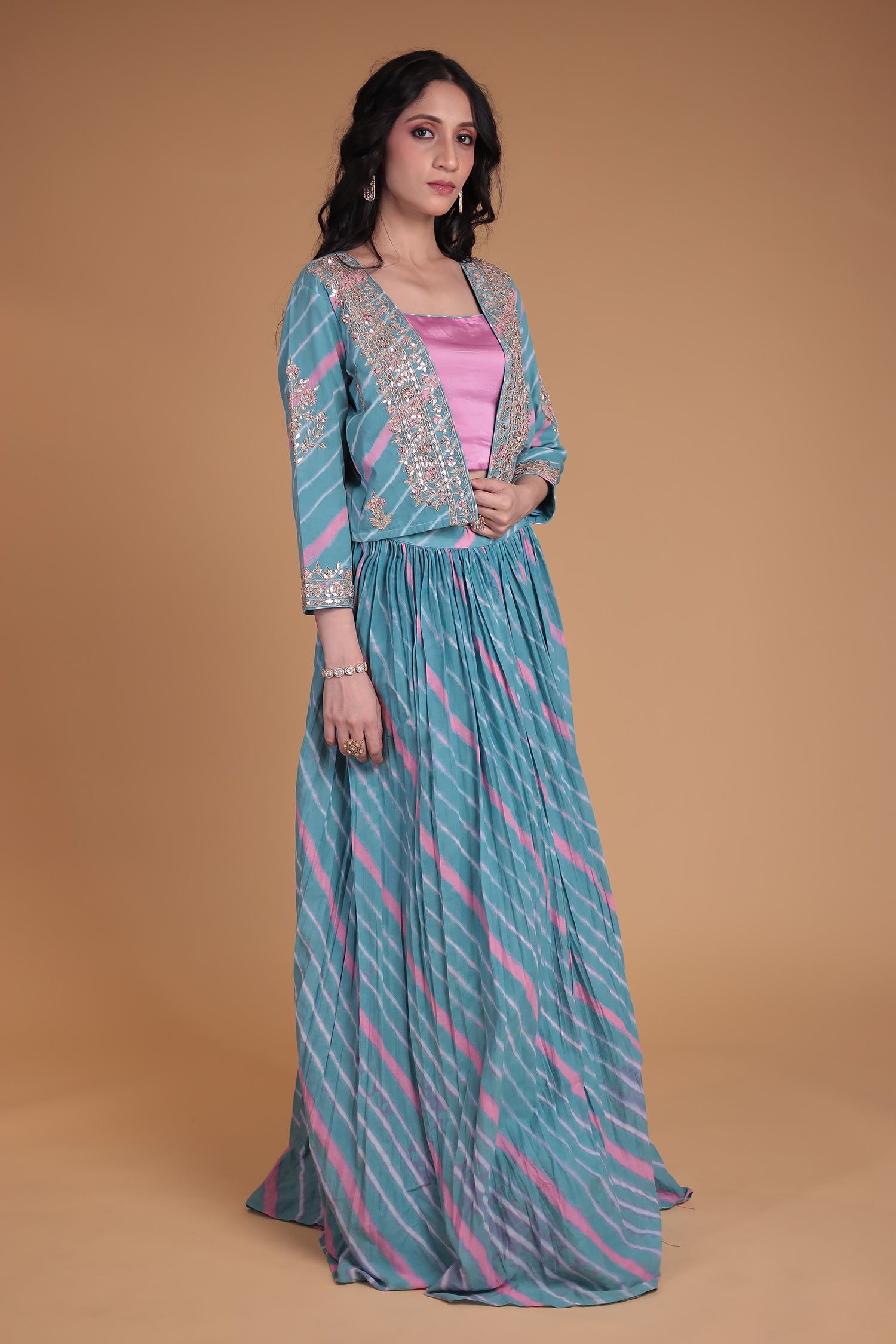 Leheriya Silk Indo Western with Gota Patti, Thread and Zardozi work