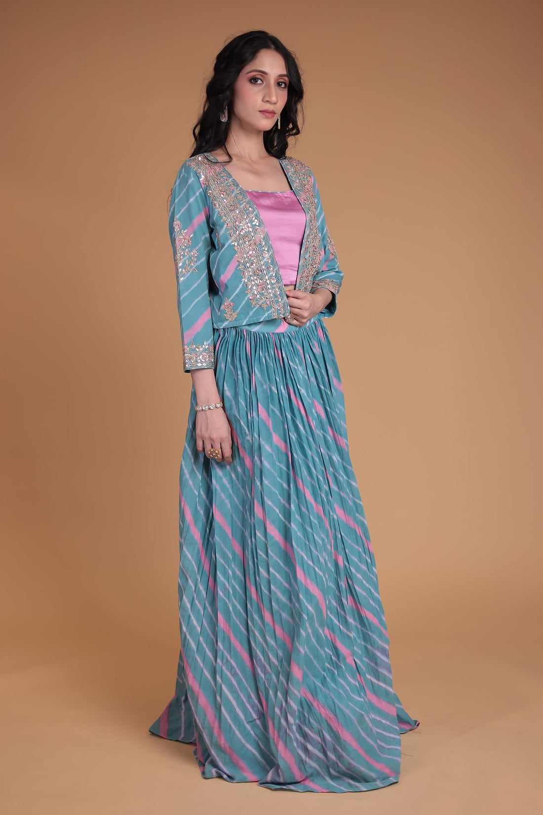 Leheriya Silk Indo Western with Gota Patti, Thread and Zardozi work