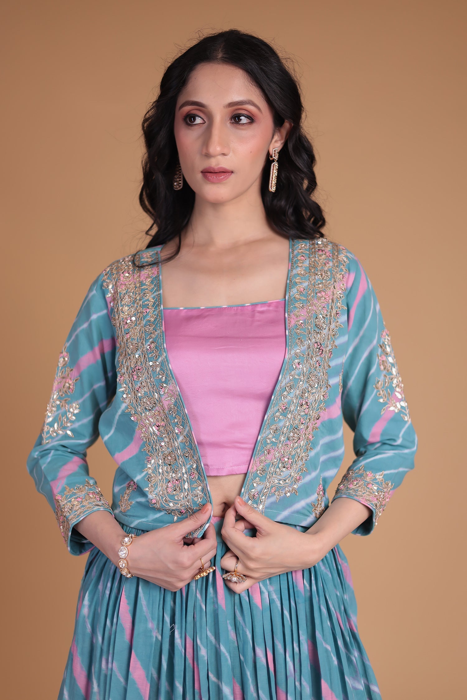 Leheriya Silk Indo Western with Gota Patti, Thread and Zardozi work