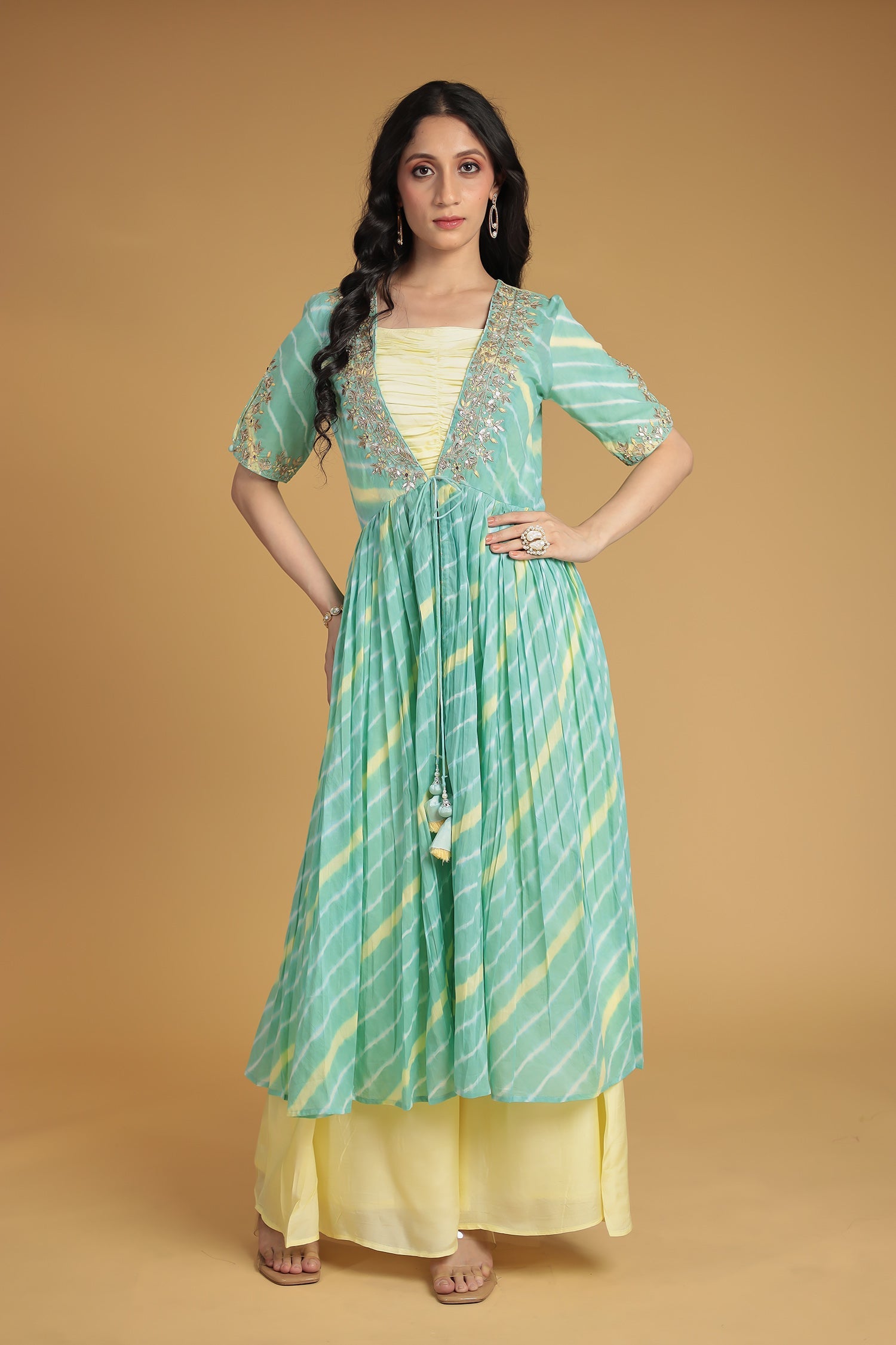 Leheriya Silk Indo Western with Gota Patti, Thread and Zardozi work