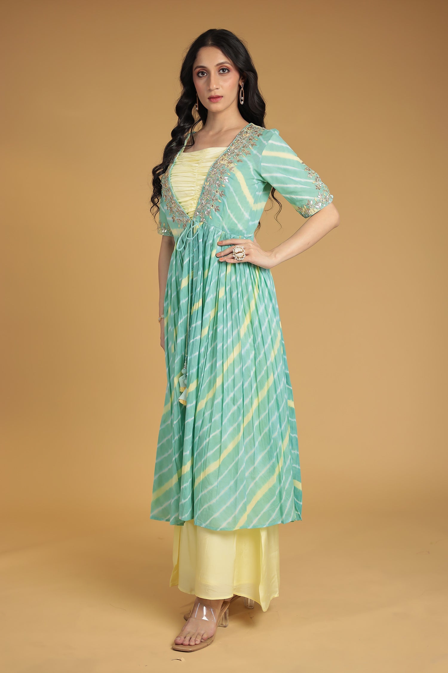 Leheriya Silk Indo Western with Gota Patti, Thread and Zardozi work