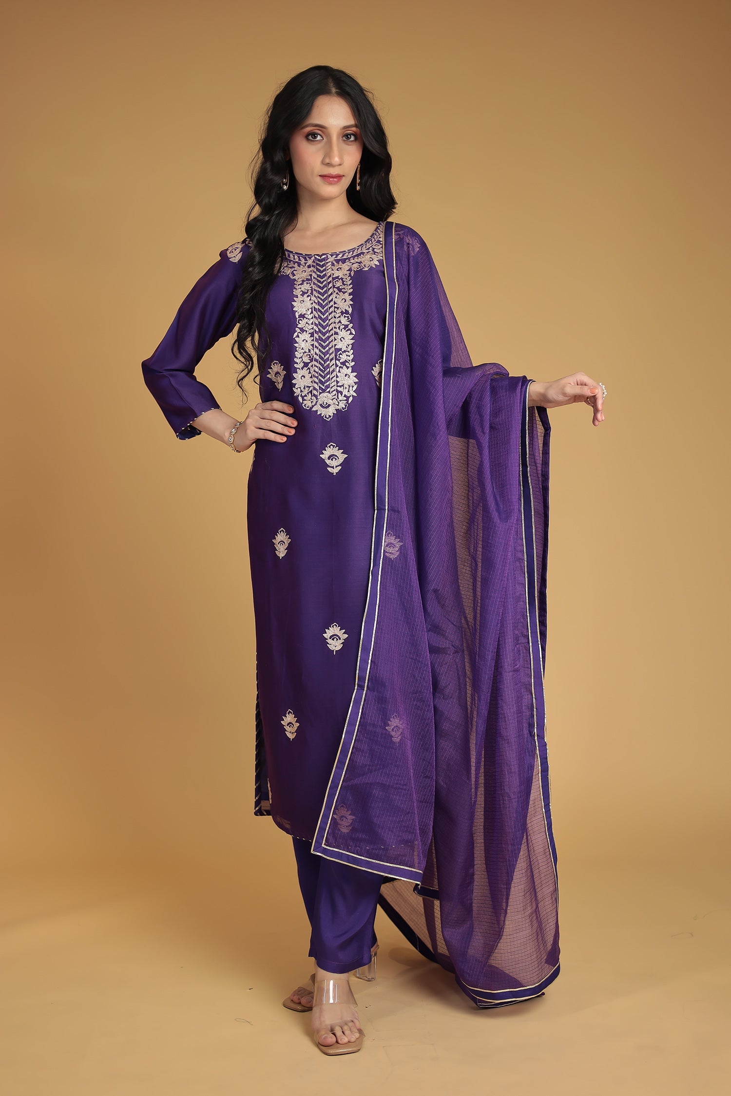 Chanderi Silk Suit Embroidered with Pittan work