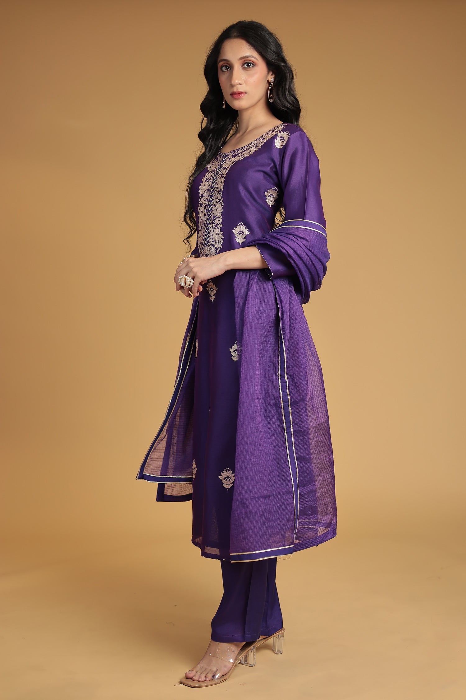 Chanderi Silk Suit Embroidered with Pittan work