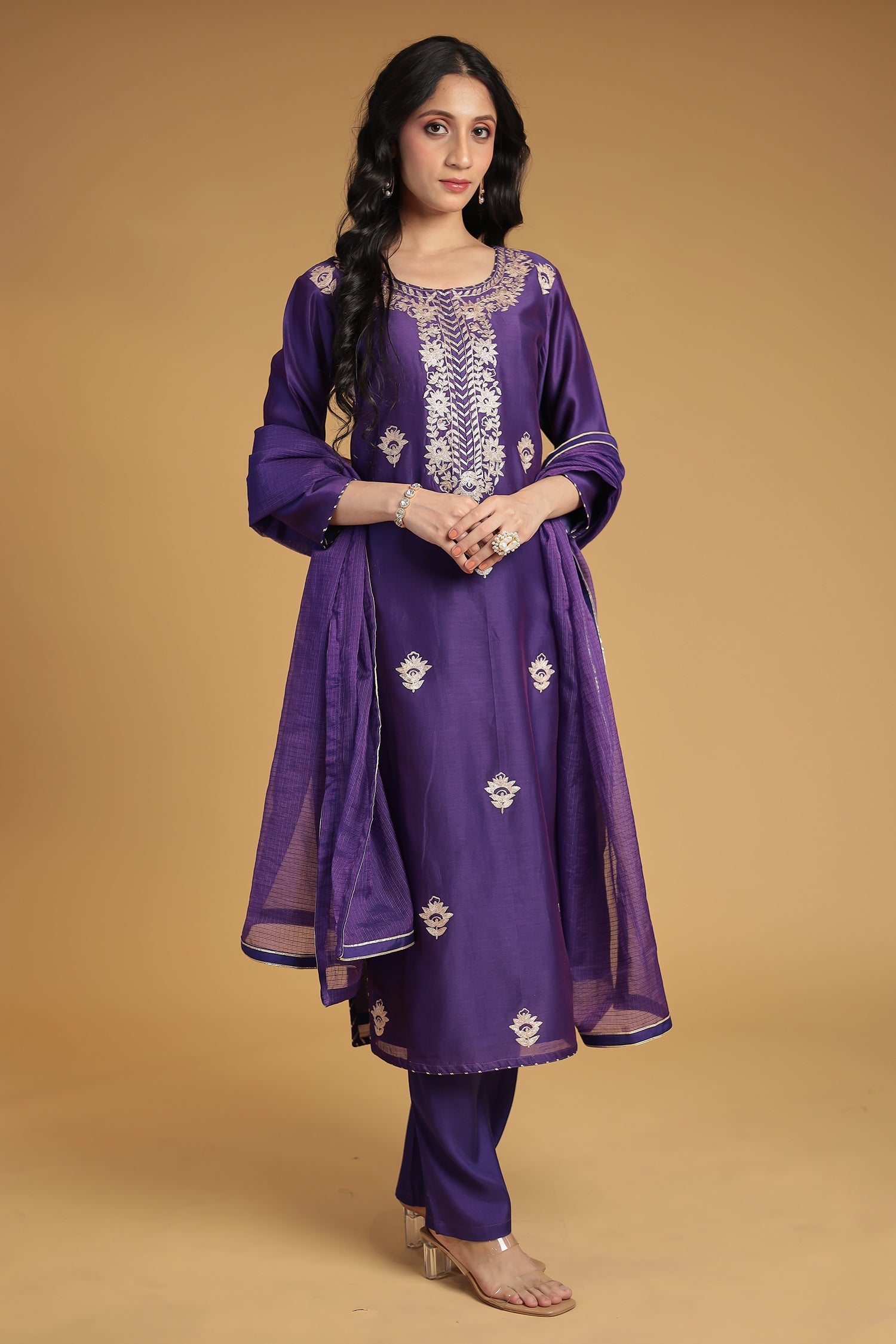 Chanderi Silk Suit Embroidered with Pittan work