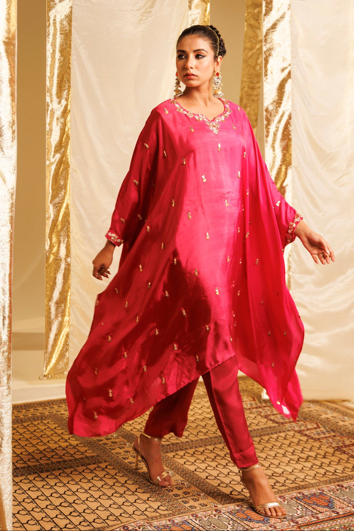 Silk Kaftan Suit with Gota Patti and Pearl work