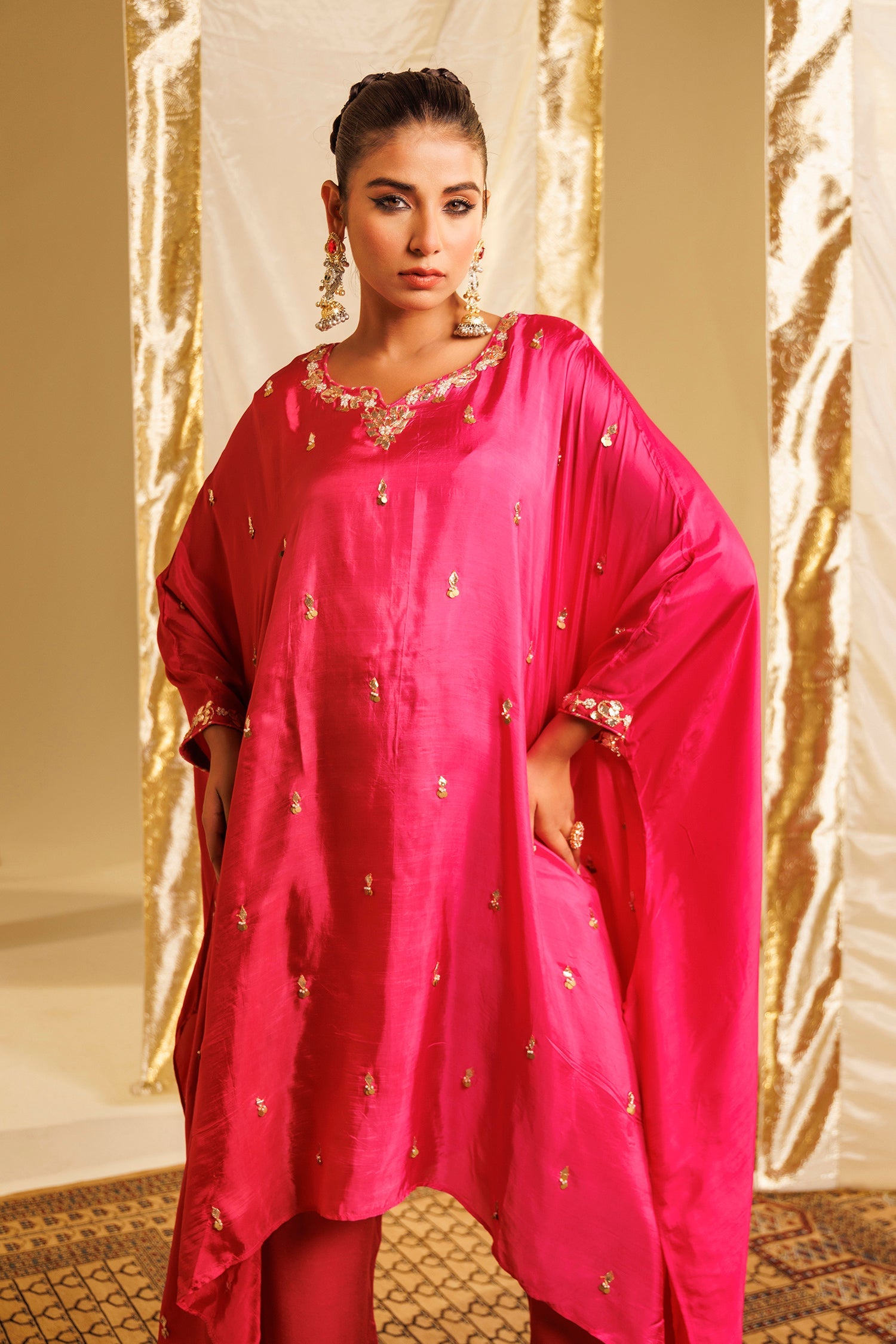 Silk Kaftan Suit with Gota Patti and Pearl work