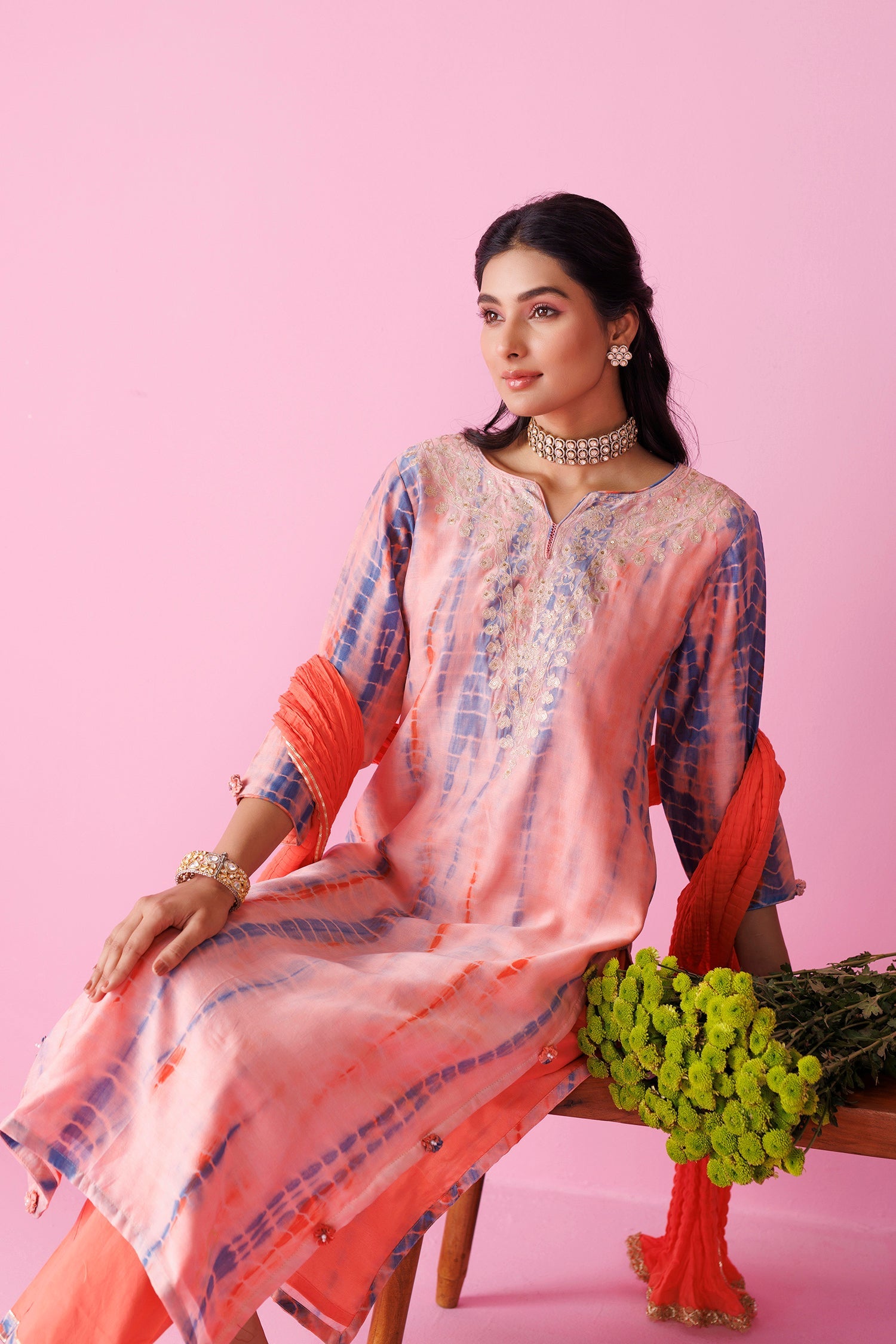 Tie & Dye Chanderi Silk Suit with Aari work
