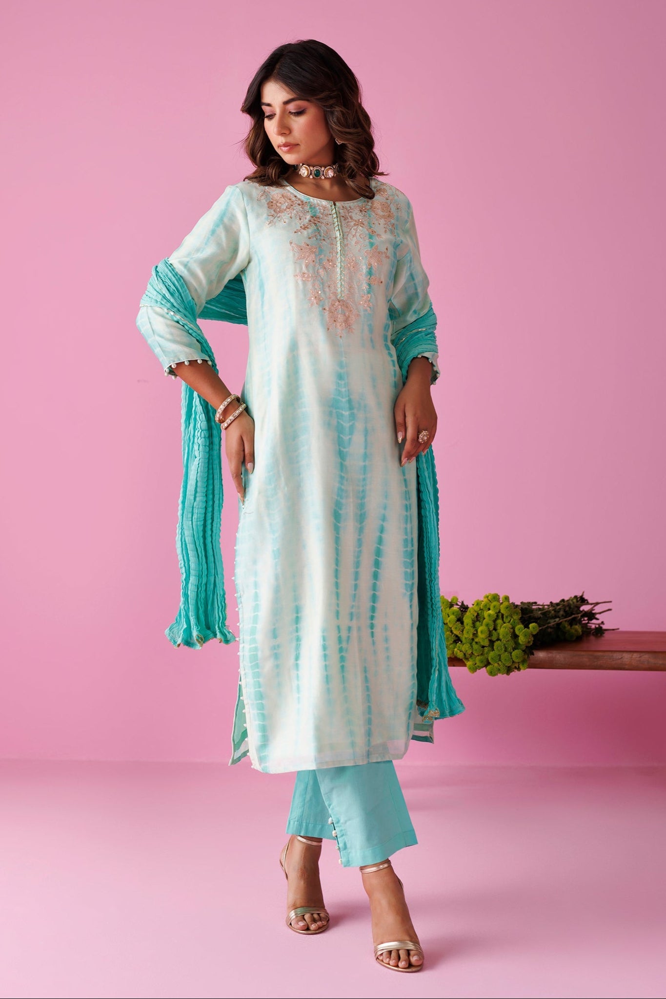 Tie & Dye Chanderi Silk Suit with Aari work