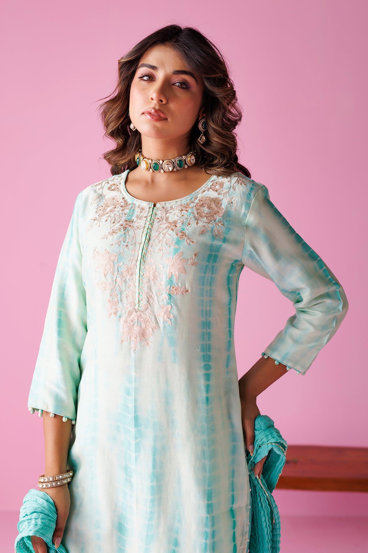 Tie & Dye Chanderi Silk Suit with Aari work