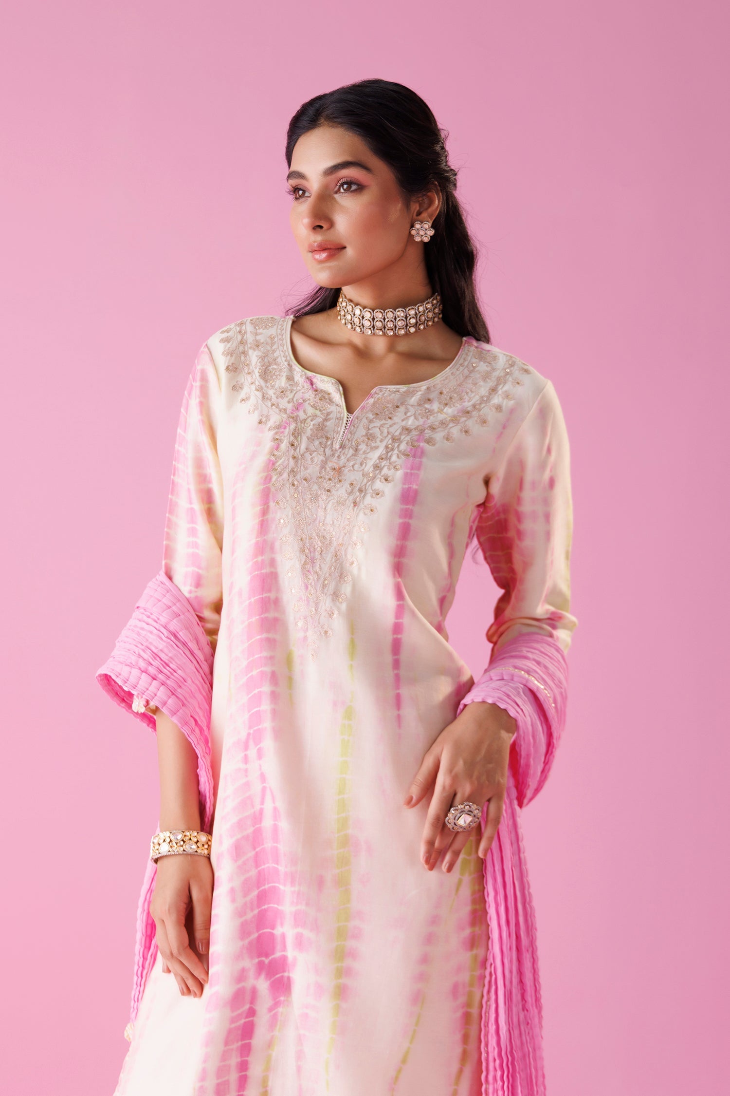Tie & Dye Chanderi Silk Suit with Aari work