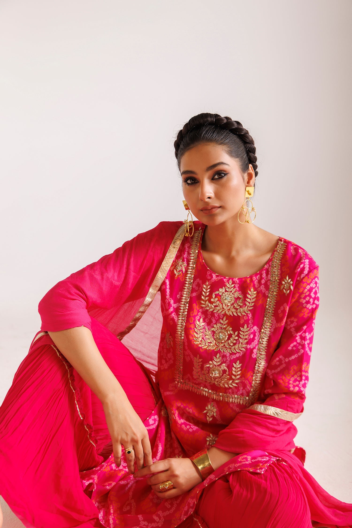 Bandhej Chinon Sharara Silk Suit with Gota Patti and Thread work