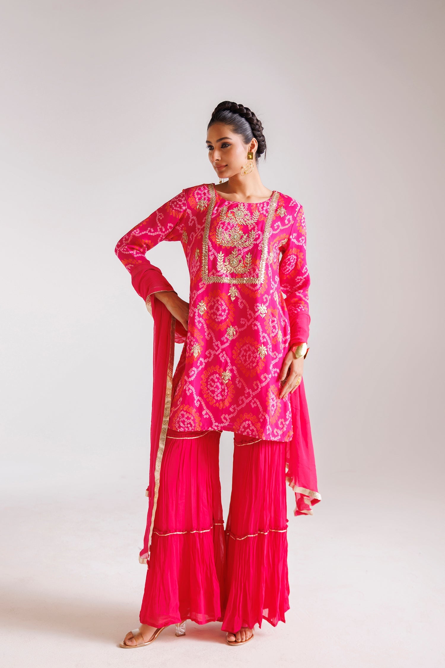 Bandhej Chinon Sharara Silk Suit with Gota Patti and Thread work