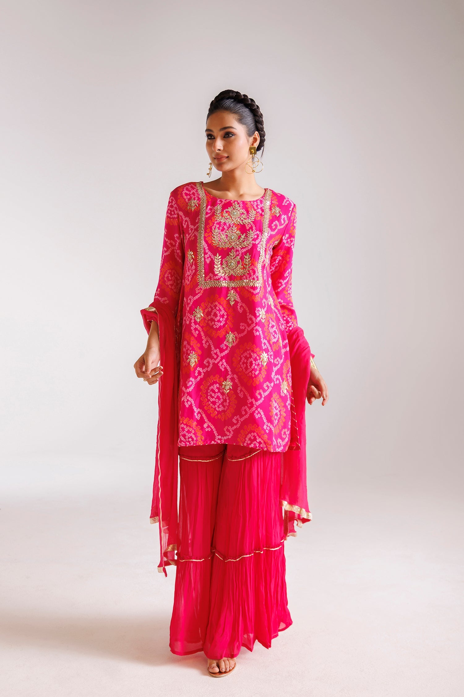 Bandhej Chinon Sharara Silk Suit with Gota Patti and Thread work