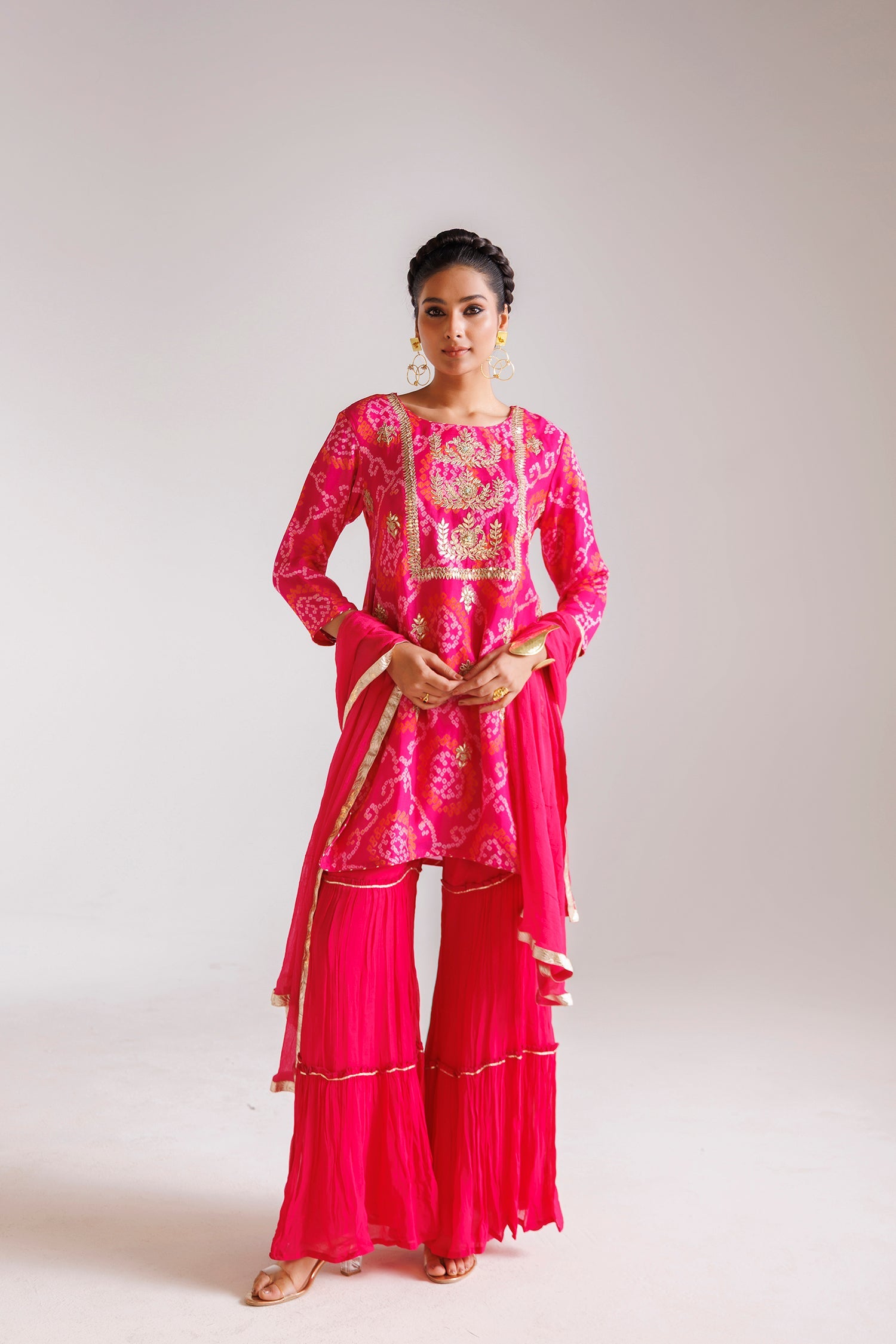 Bandhej Chinon Sharara Silk Suit with Gota Patti and Thread work