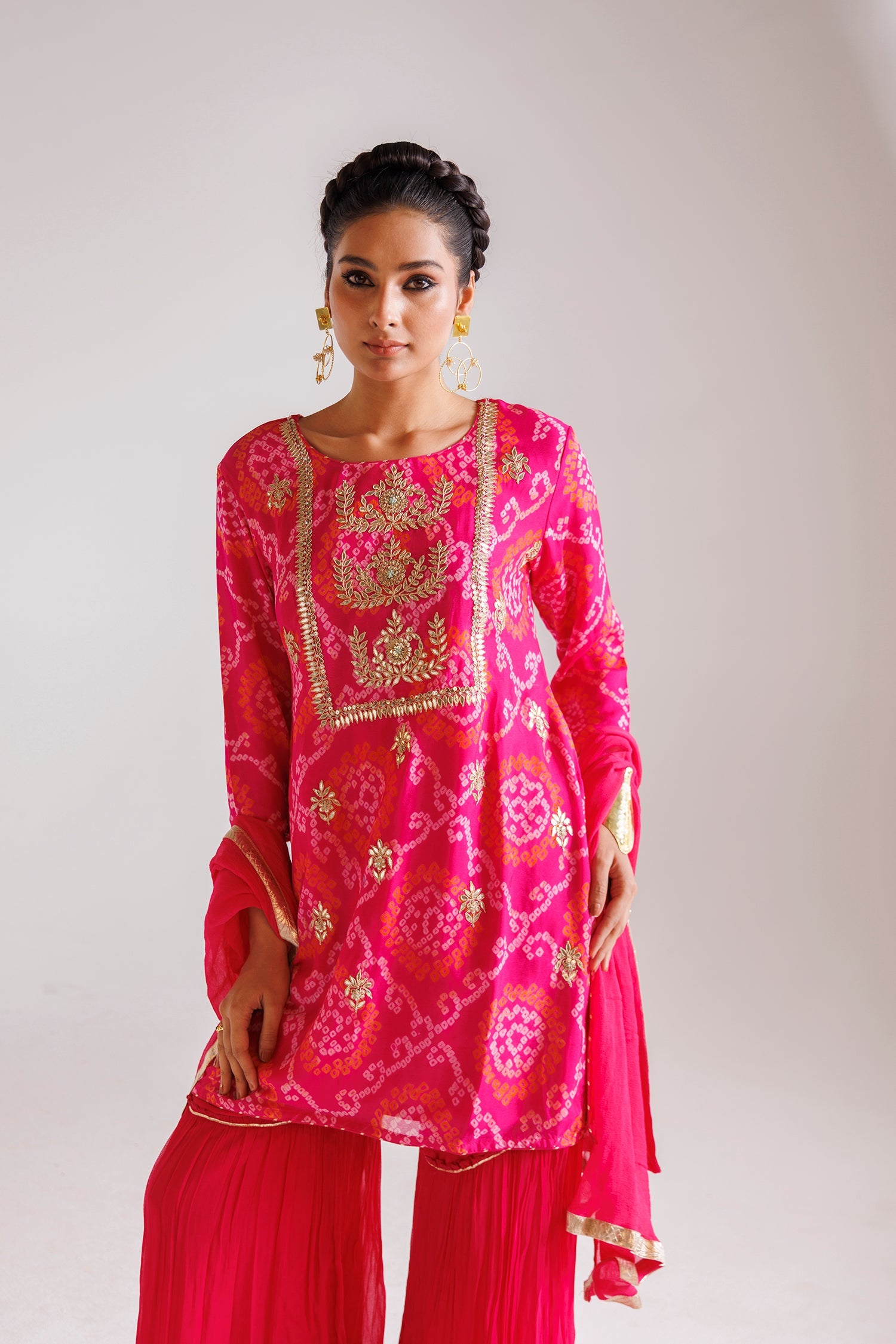 Bandhej Chinon Sharara Silk Suit with Gota Patti and Thread work