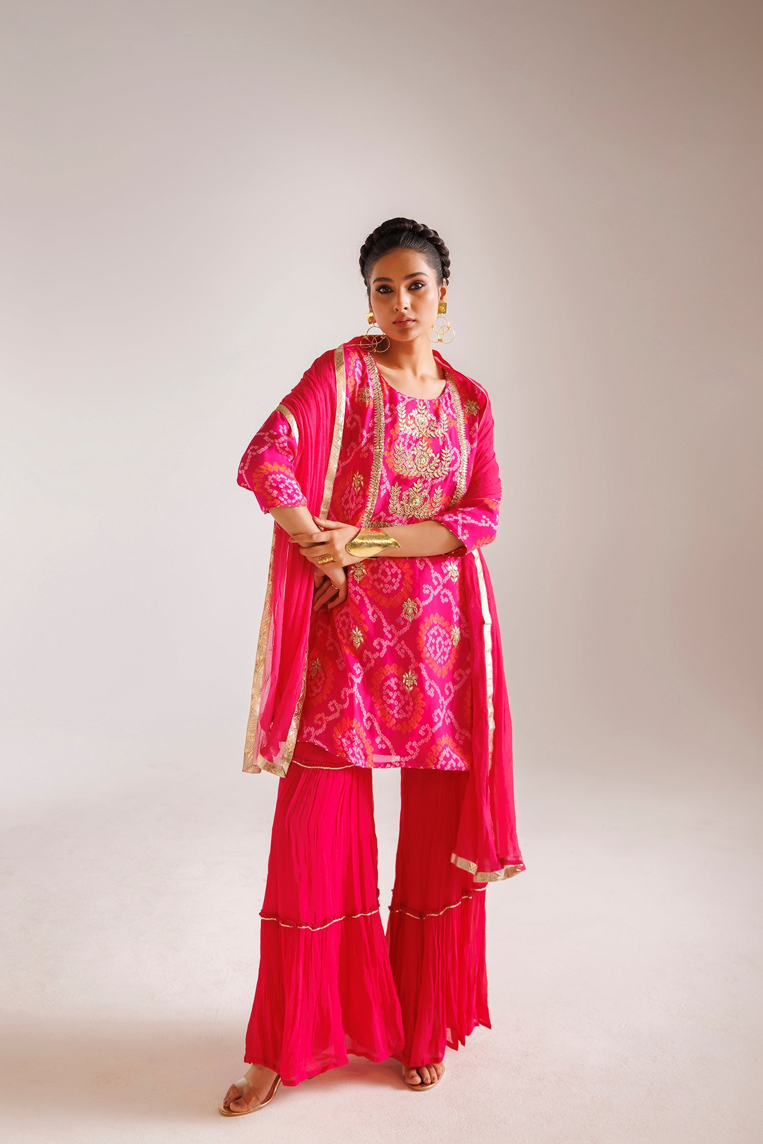 Bandhej Chinon Sharara Silk Suit with Gota Patti and Thread work