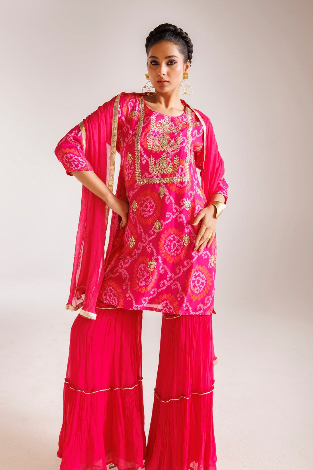 Bandhej Chinon Sharara Silk Suit with Gota Patti and Thread work