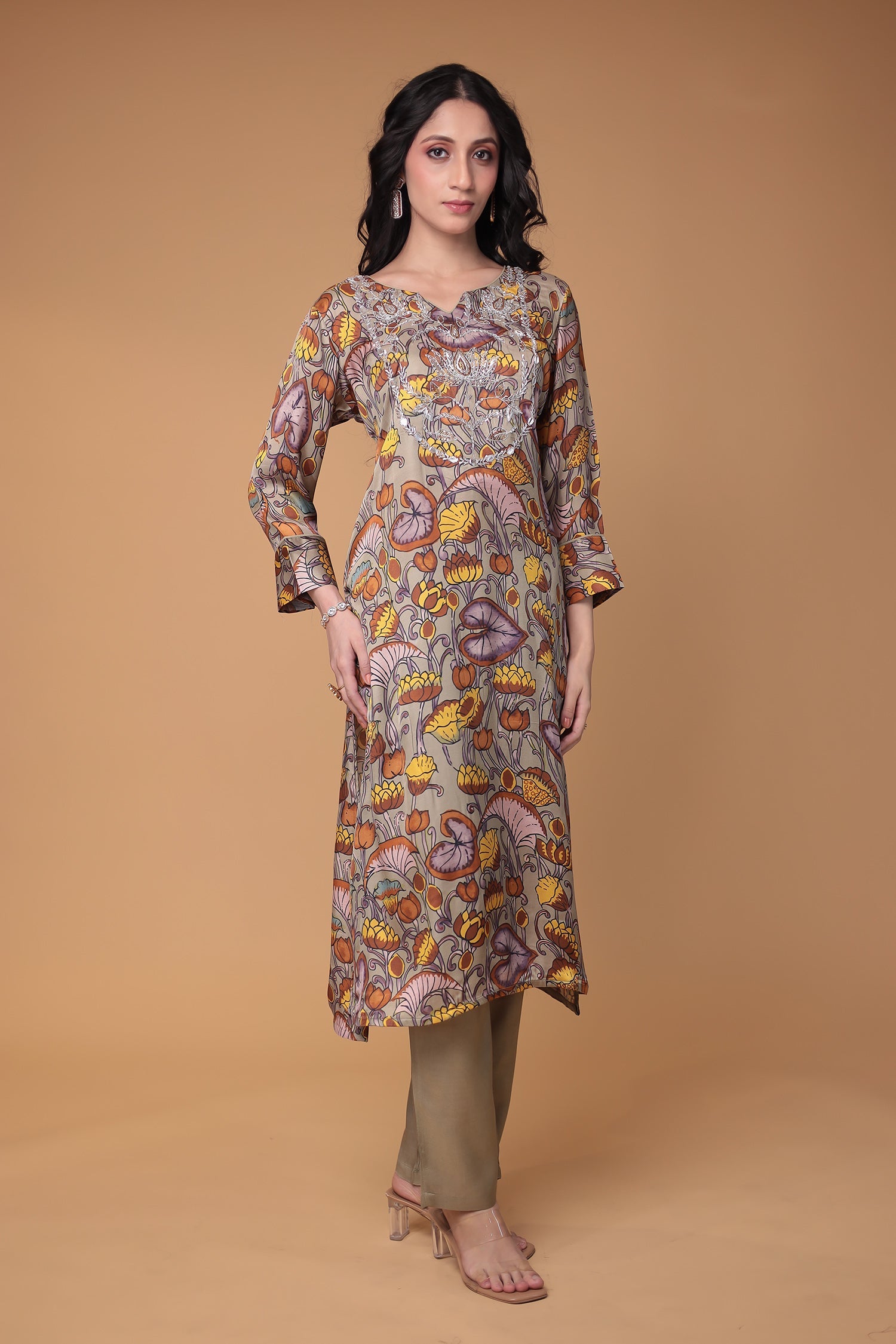 Printed Silk Suit Stitched with Thread and Zardozi work