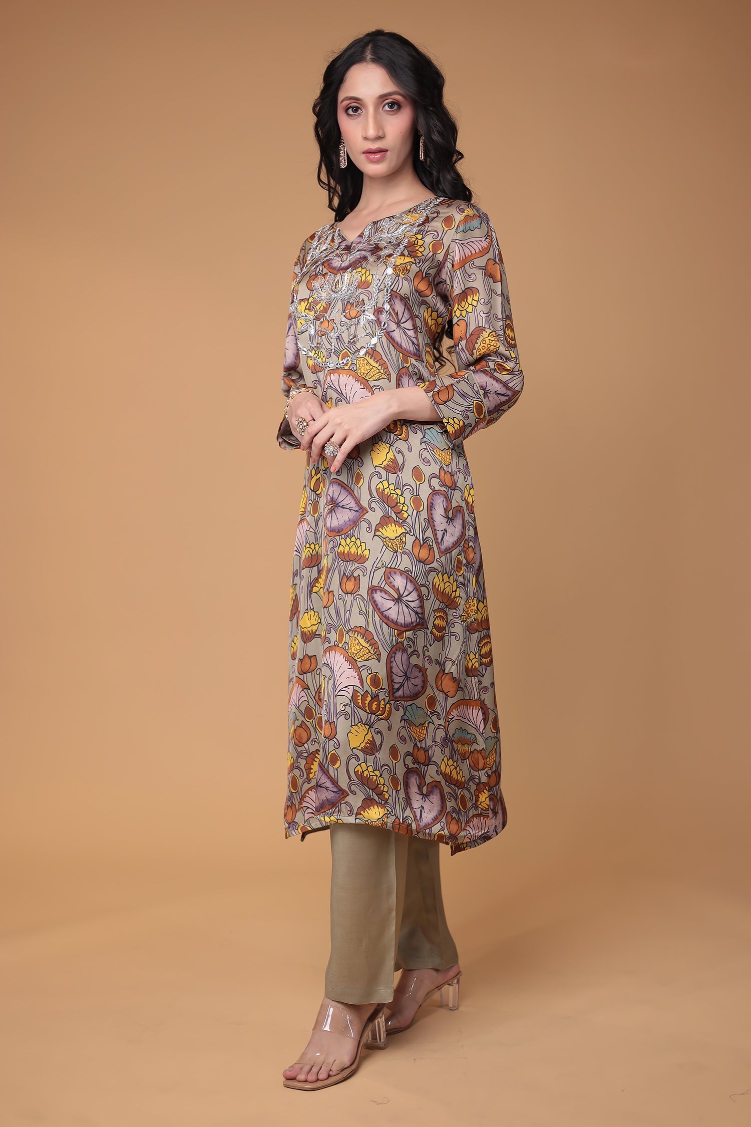 Printed Silk Suit Stitched with Thread and Zardozi work