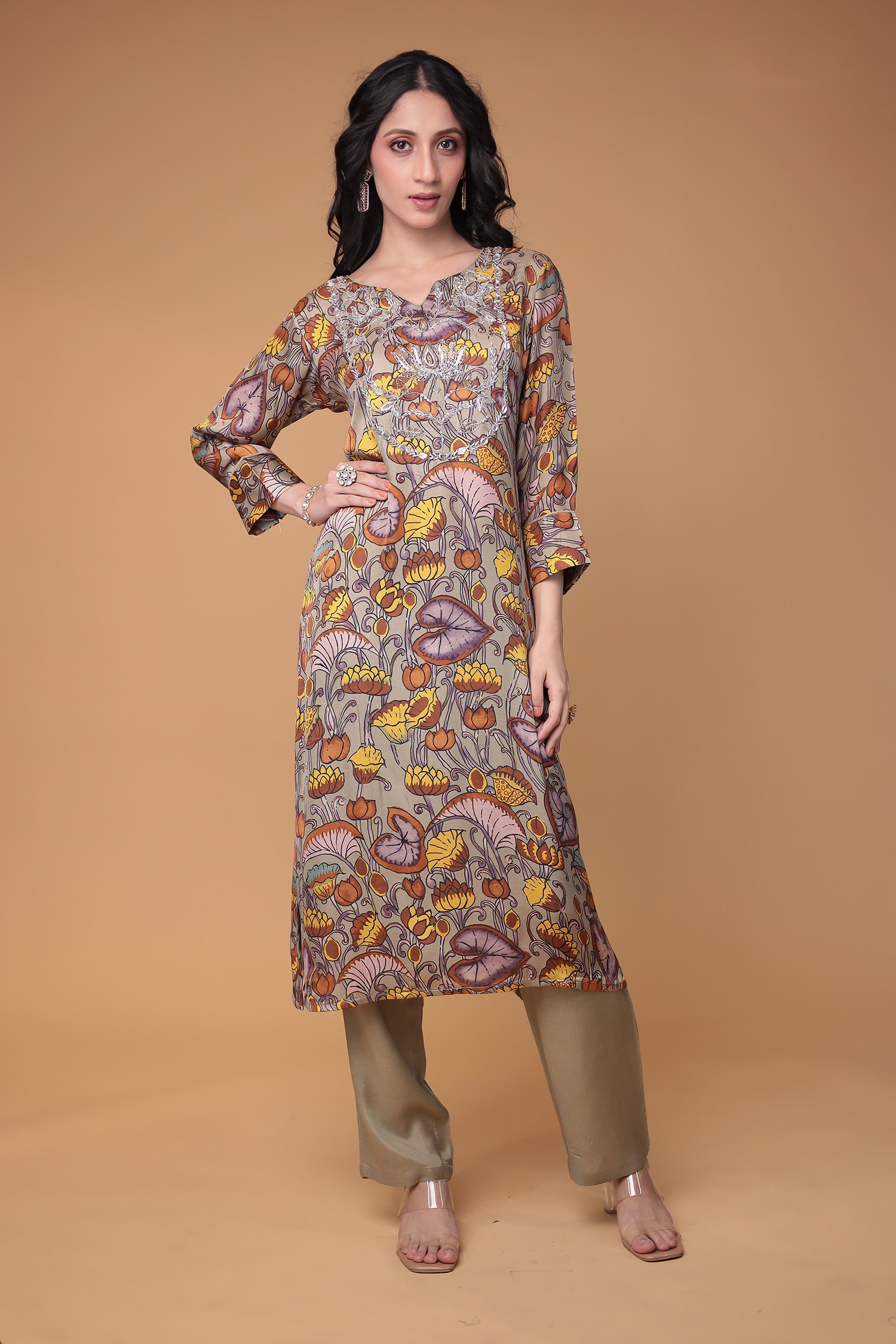 Printed Silk Suit Stitched with Thread and Zardozi work