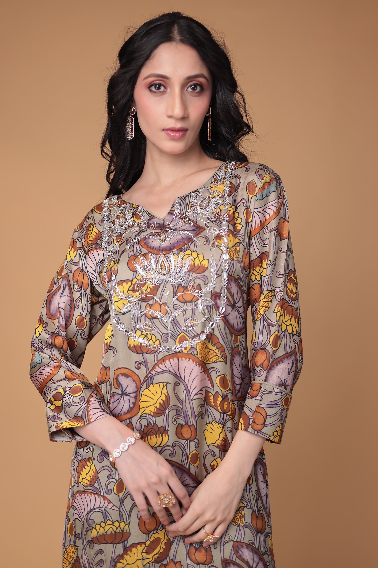 Printed Silk Suit Stitched with Thread and Zardozi work