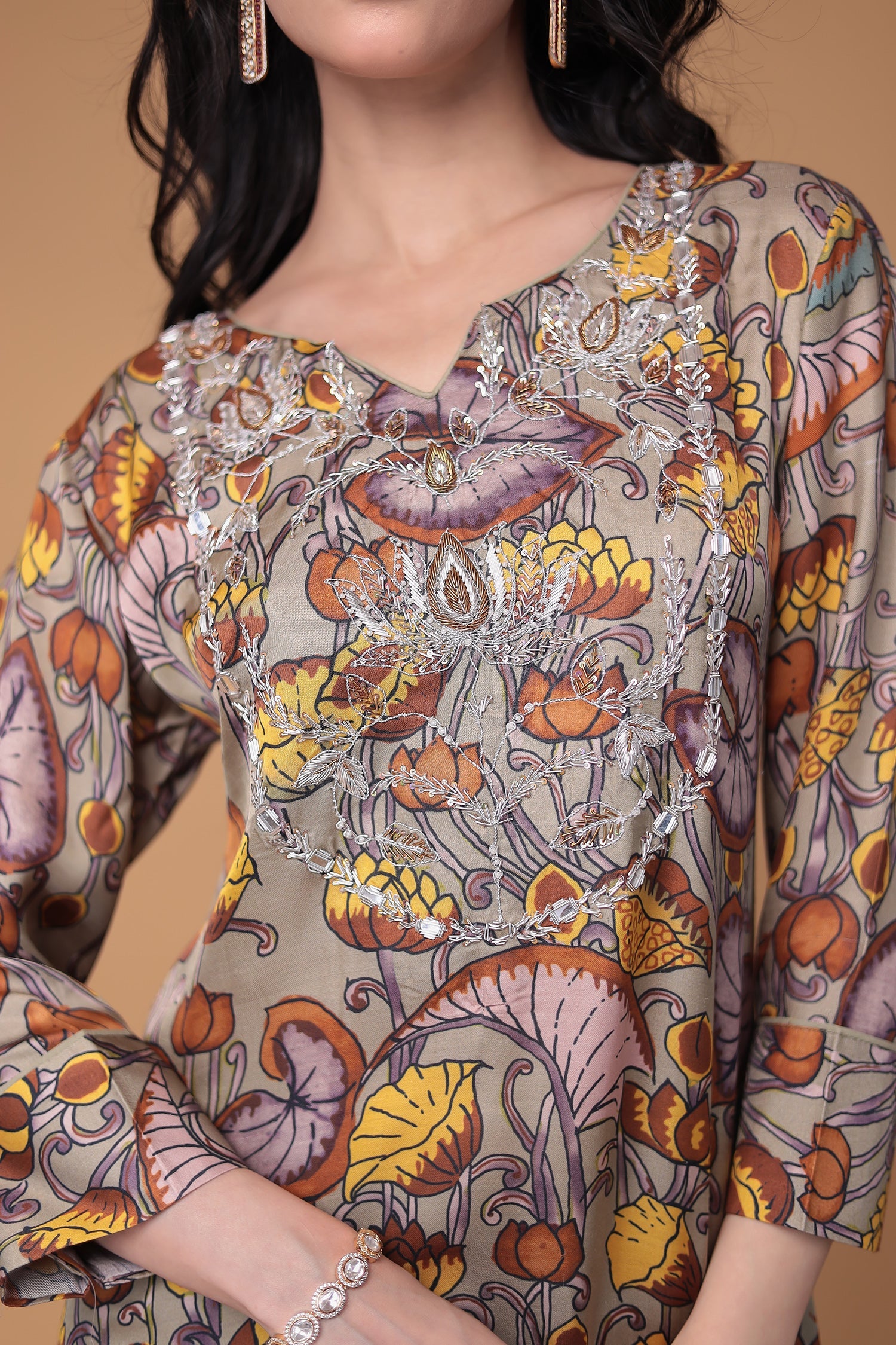 Printed Silk Suit Stitched with Thread and Zardozi work