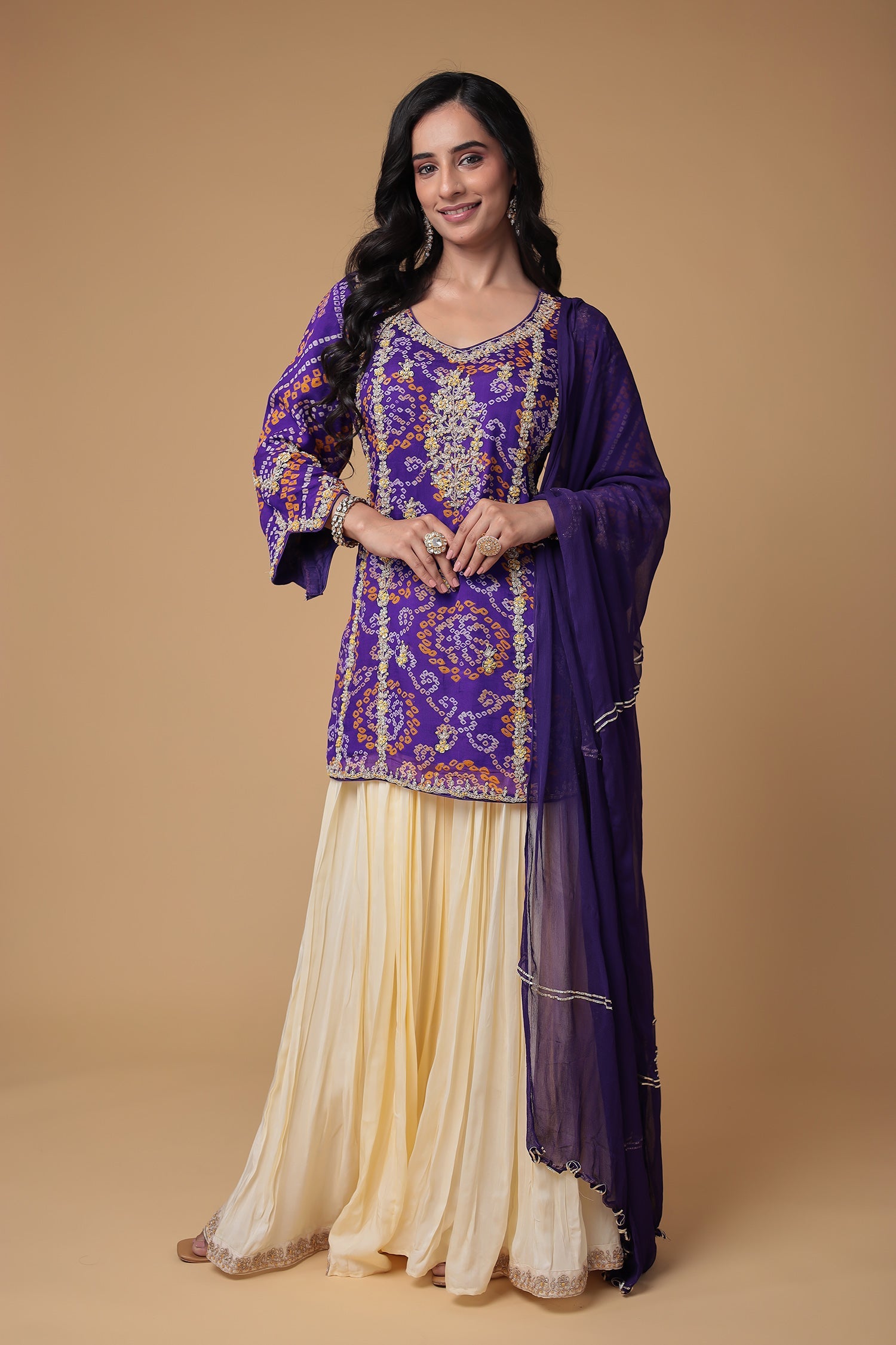 Bandhej Chinon Georgette Suit with Pearl and Thread work