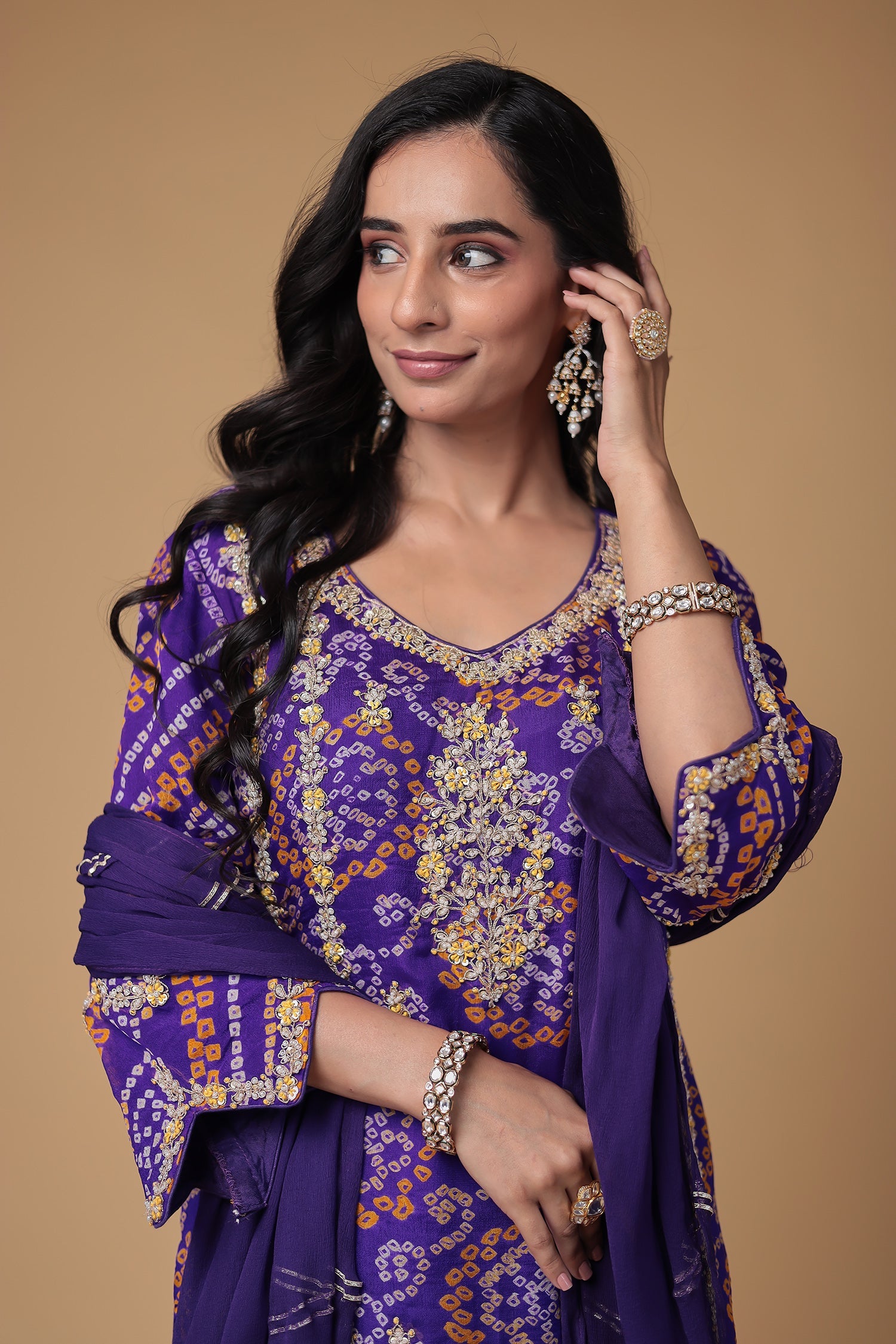 Bandhej Chinon Georgette Suit with Pearl and Thread work