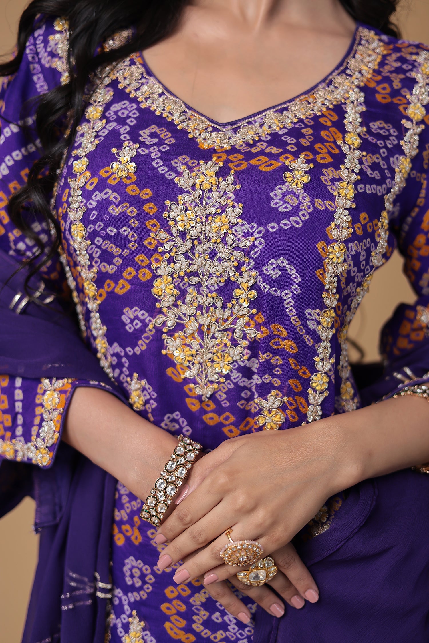 Bandhej Chinon Georgette Suit with Pearl and Thread work