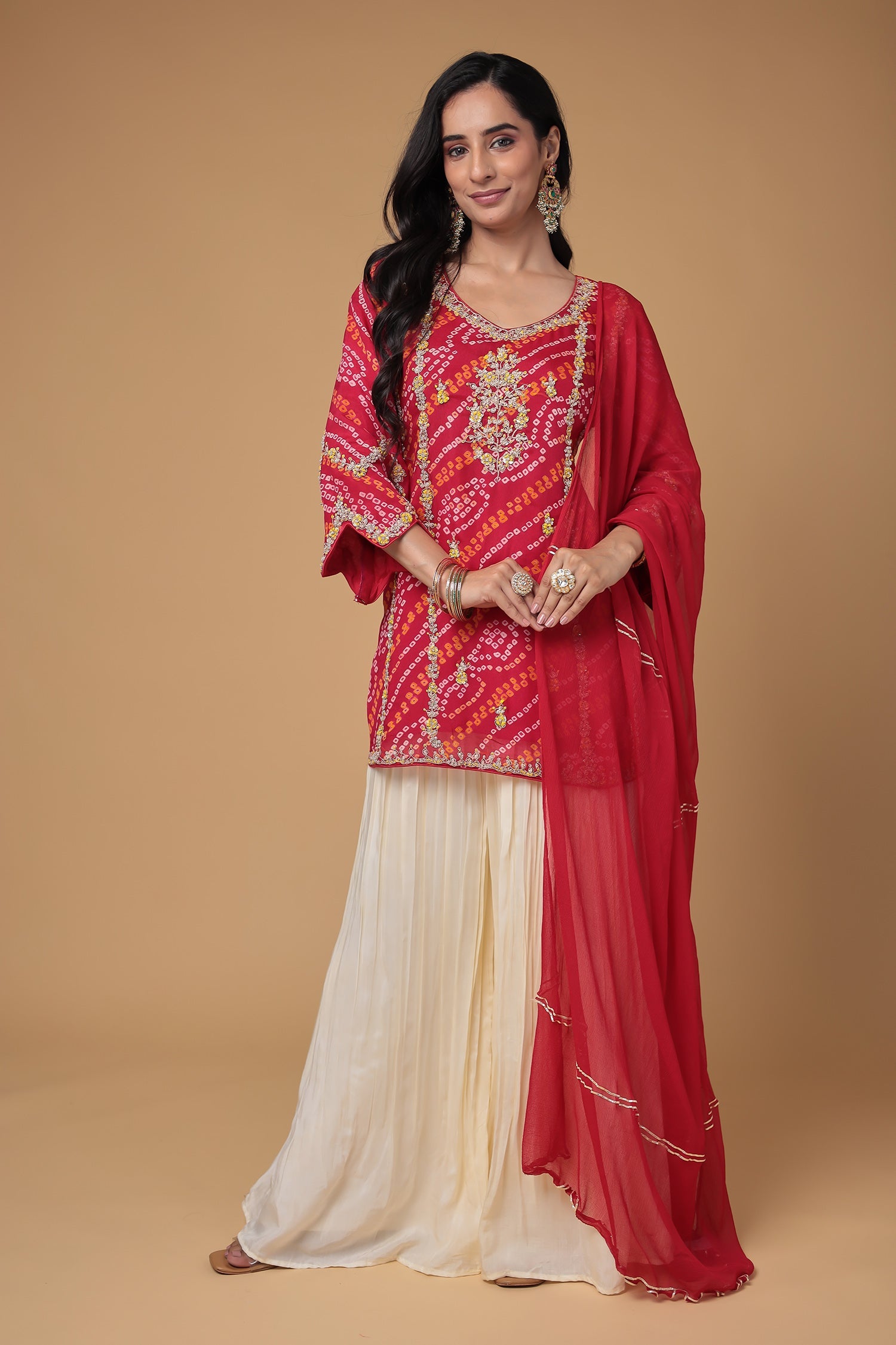 Bandhej Chinon Georgette Suit with Pearl and Thread work