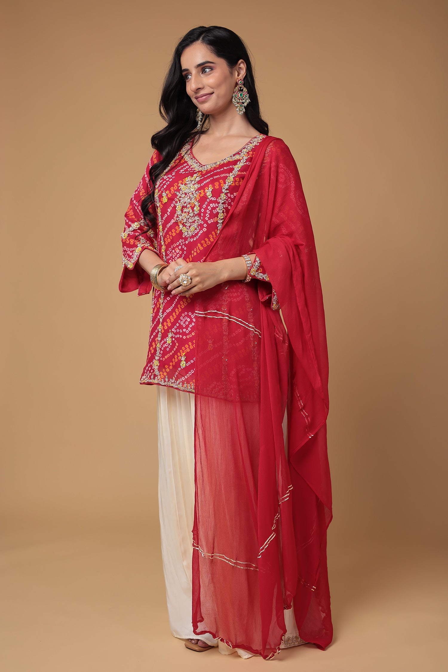 Bandhej Chinon Georgette Suit with Pearl and Thread work