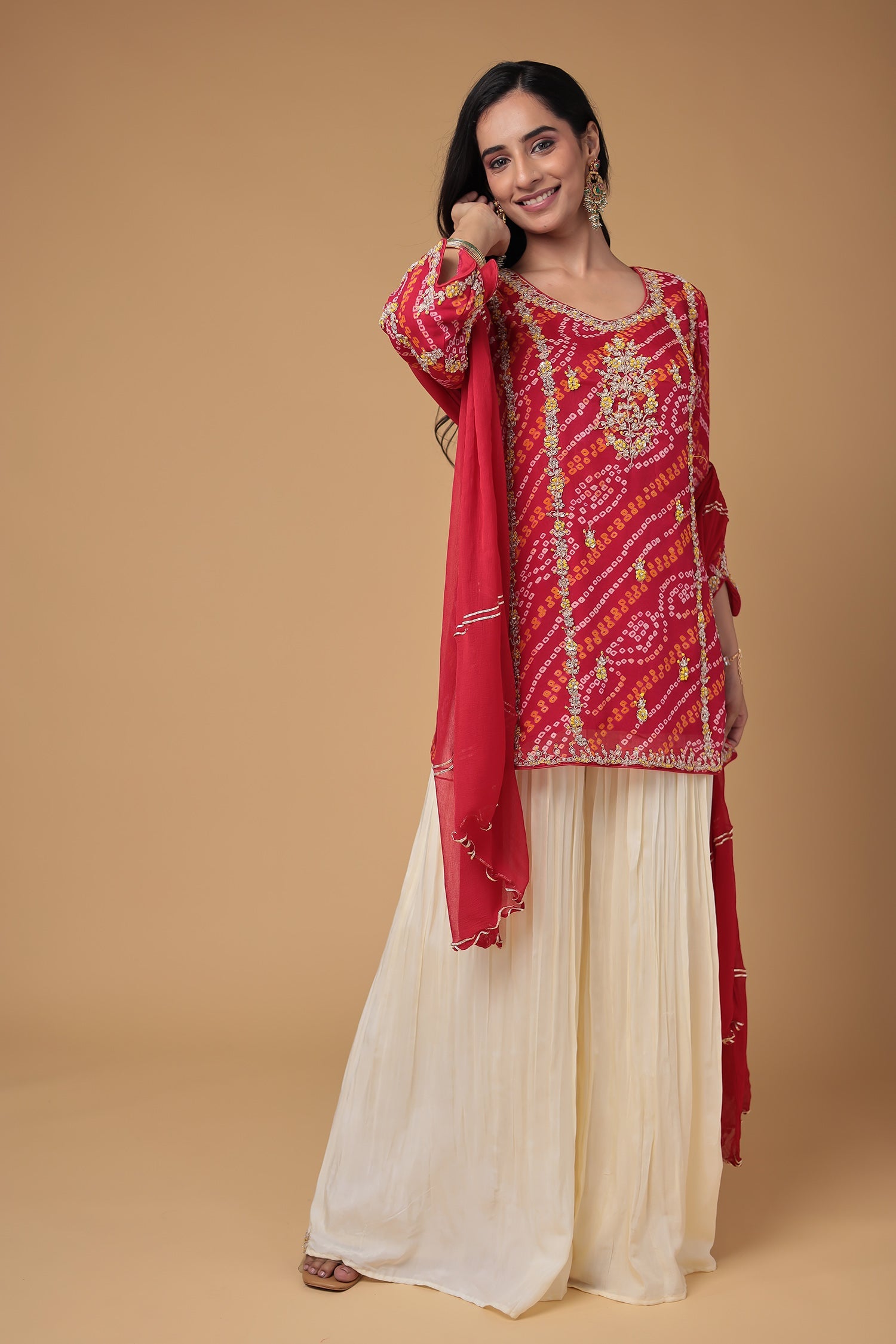 Bandhej Chinon Georgette Suit with Pearl and Thread work