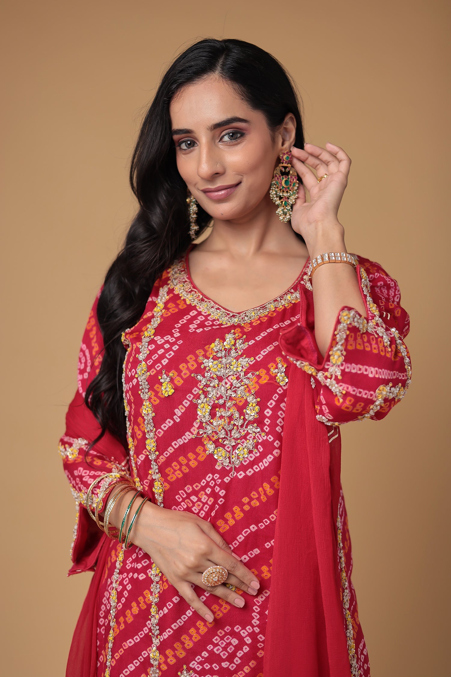 Bandhej Chinon Georgette Suit with Pearl and Thread work