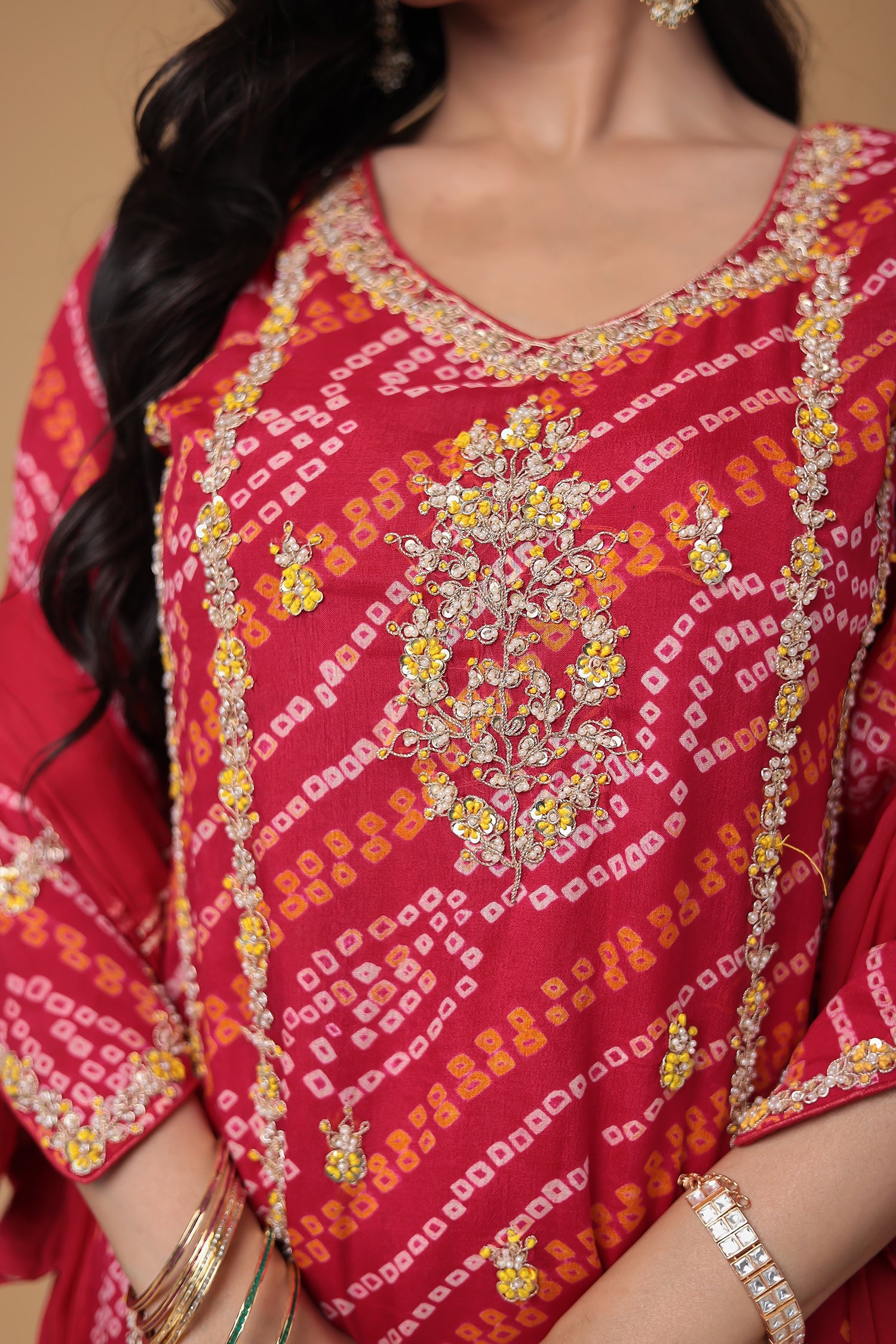 Bandhej Chinon Georgette Suit with Pearl and Thread work